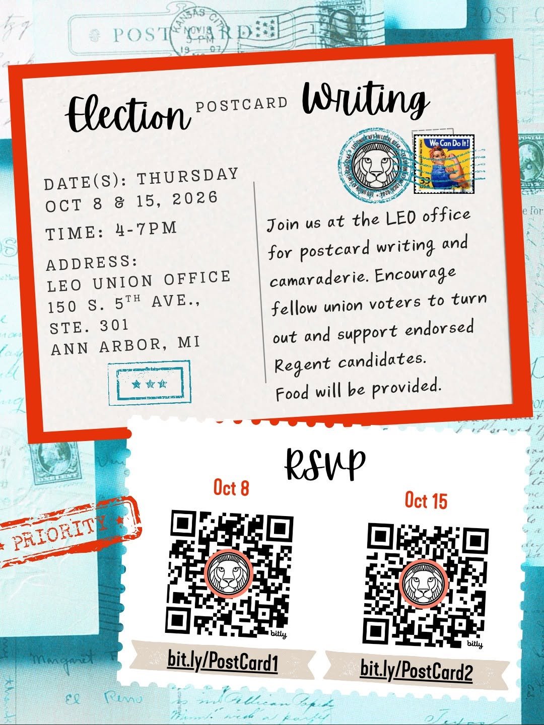 Thursday is our last session! Come join us at the LEO office for postcard writing and camaraderie. Encourage fellow union voters to turnout and support endorsed Regent candidates. Food will be provided. RSVP at leounion.org/events