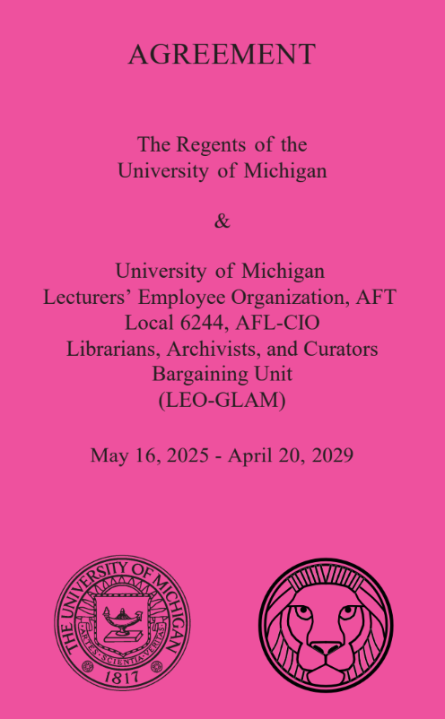 Cover of the 2025-29 LEO-GLAM CBA, featuring the logos of the University and of LEO.
