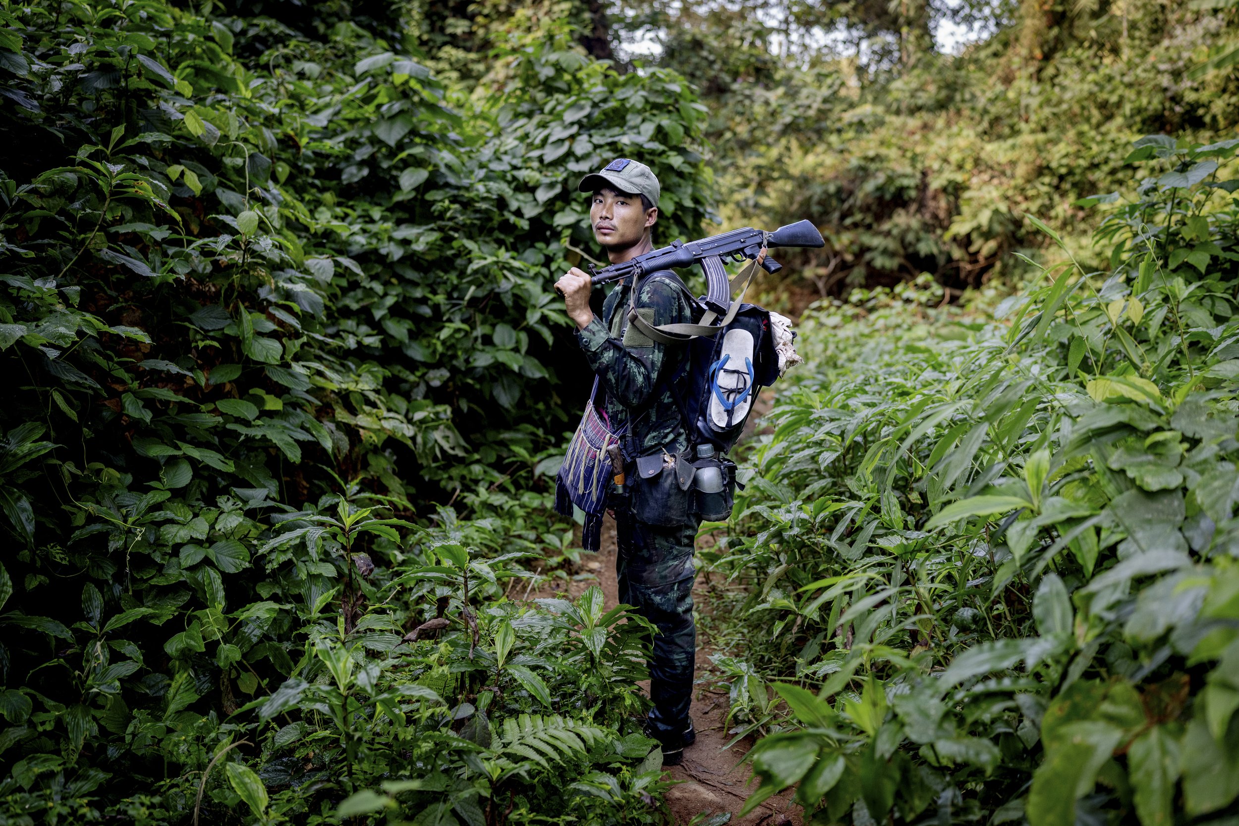 Karenni Army soldier in the jungle. Myanmar, 2023