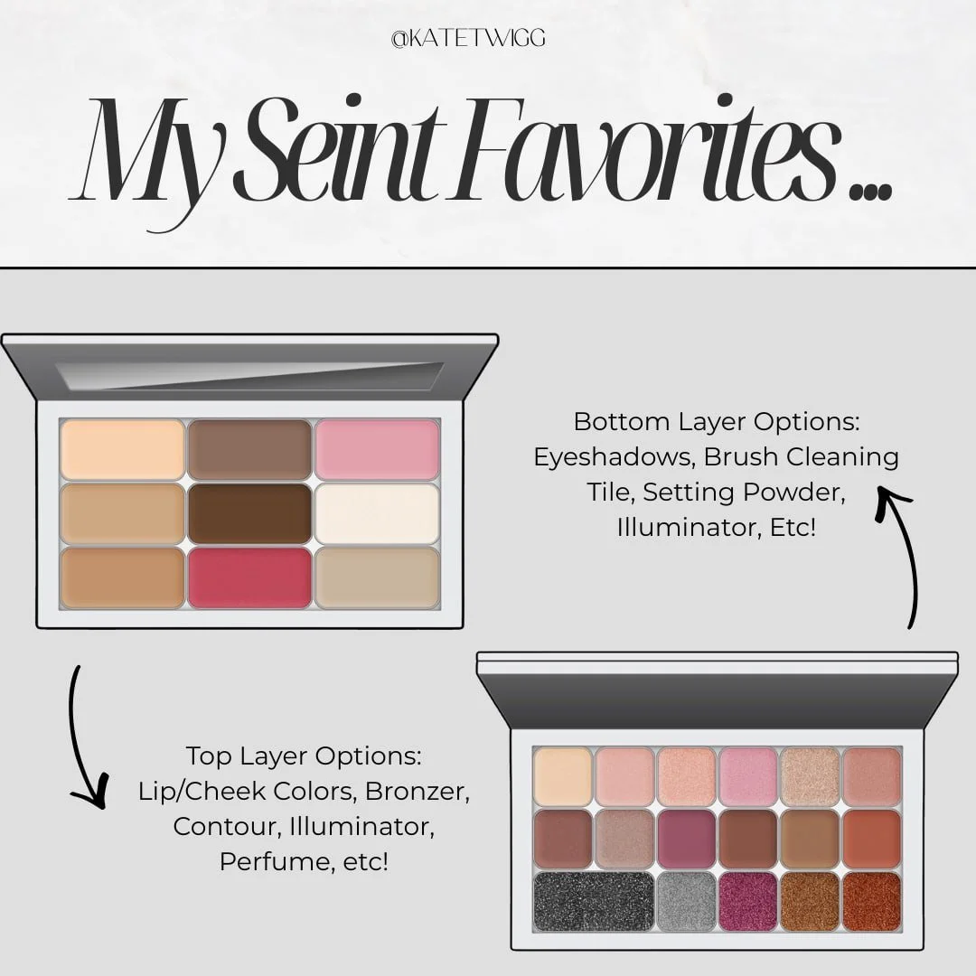 Diagram of an eyeshadow palette with two layers. The top layer contains various lip and cheek colors, bronzer, contour, and perfume options. The bottom layer includes eyeshadows, brush cleaning tile, setting powder, and illuminator.