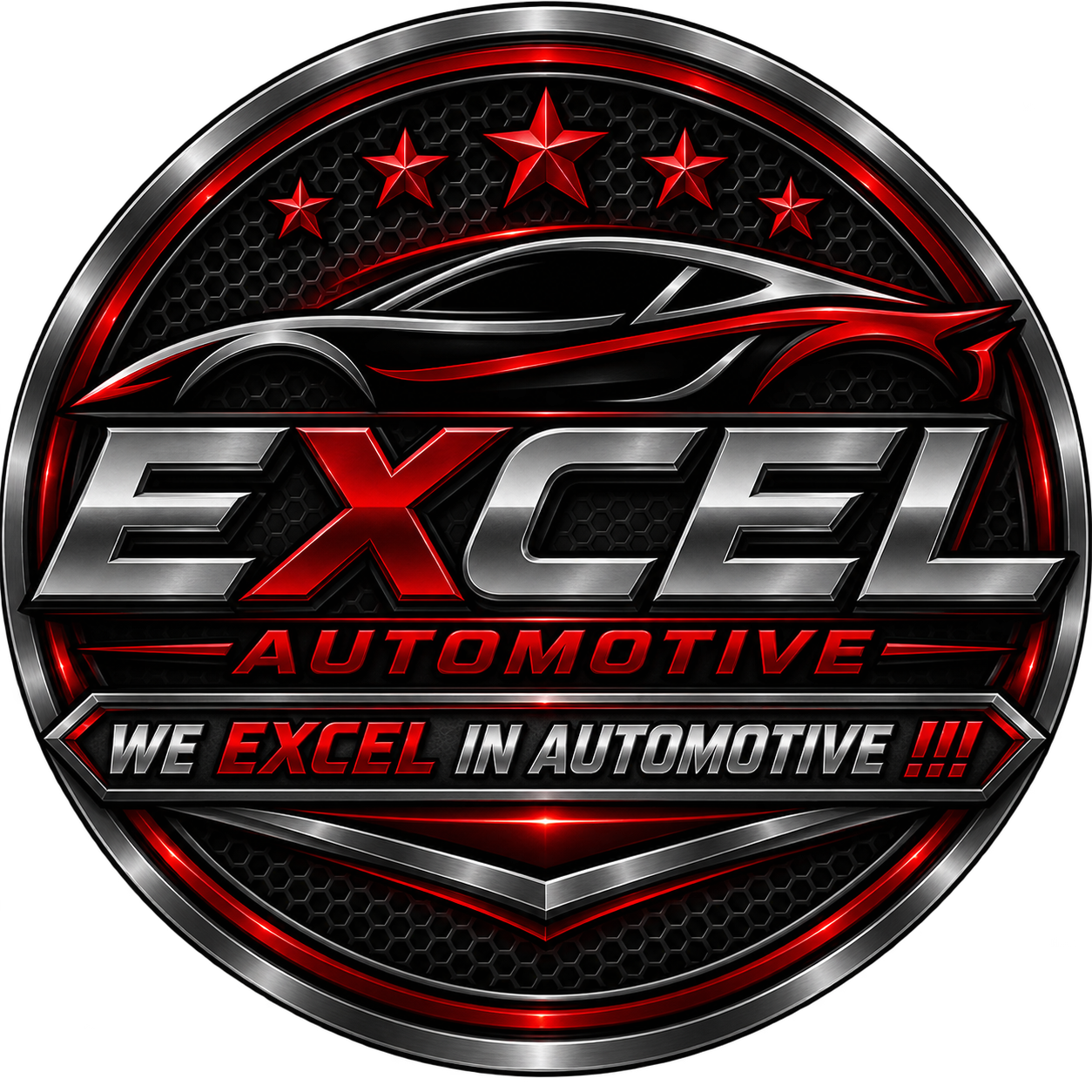 A circular automotive logo with a sleek black, red, and silver design featuring a stylized car outline at the top. The text reads 'EXCEL AUTOMOTIVE' in large silver and red letters, with the slogan 'WE EXCEL IN AUTOMOTIVE !!!' at the bottom.