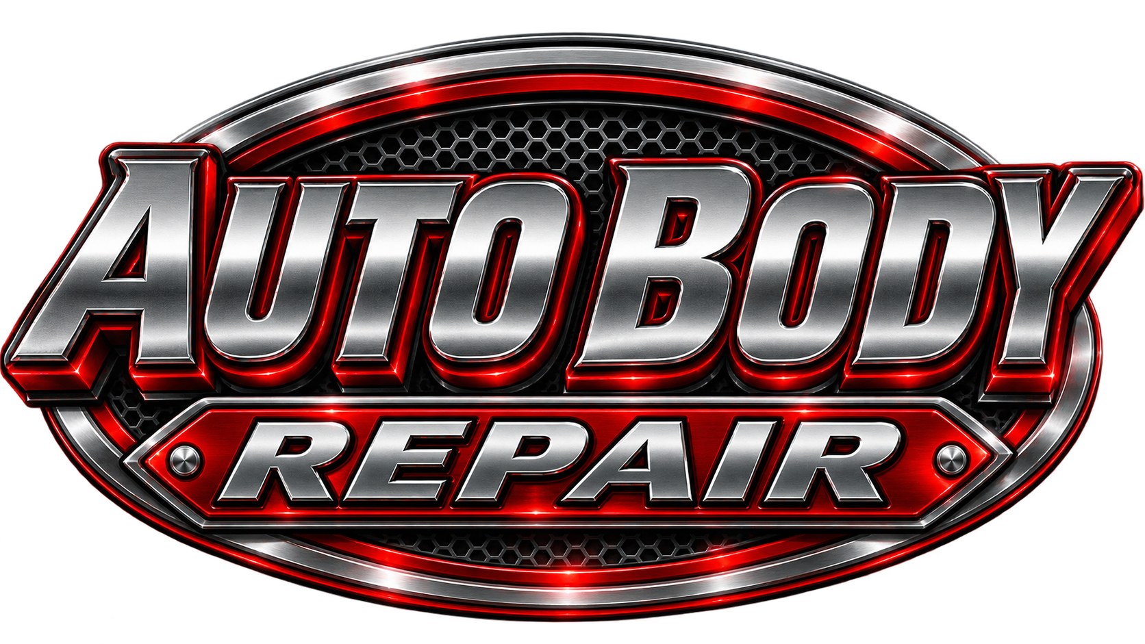 Logo for Auto Body Repair with metallic and red neon design.