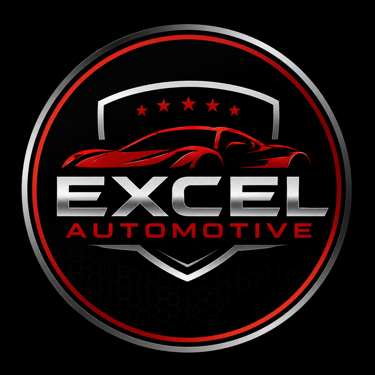 A logo for Excels Automotive featuring a stylized red sports car outline inside a shield with five stars above, surrounded by a circular border, with the words 'EXCEL' in bold silver letters and 'AUTOMOTIVE' in red.