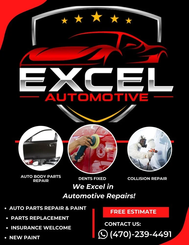 A promotional flyer for Excel Automotive displaying a red sports car logo with collectible stars above it, and images of car repair activities such as body parts repair, dent fixing, and collision repair. The flyer includes contact information, a fre