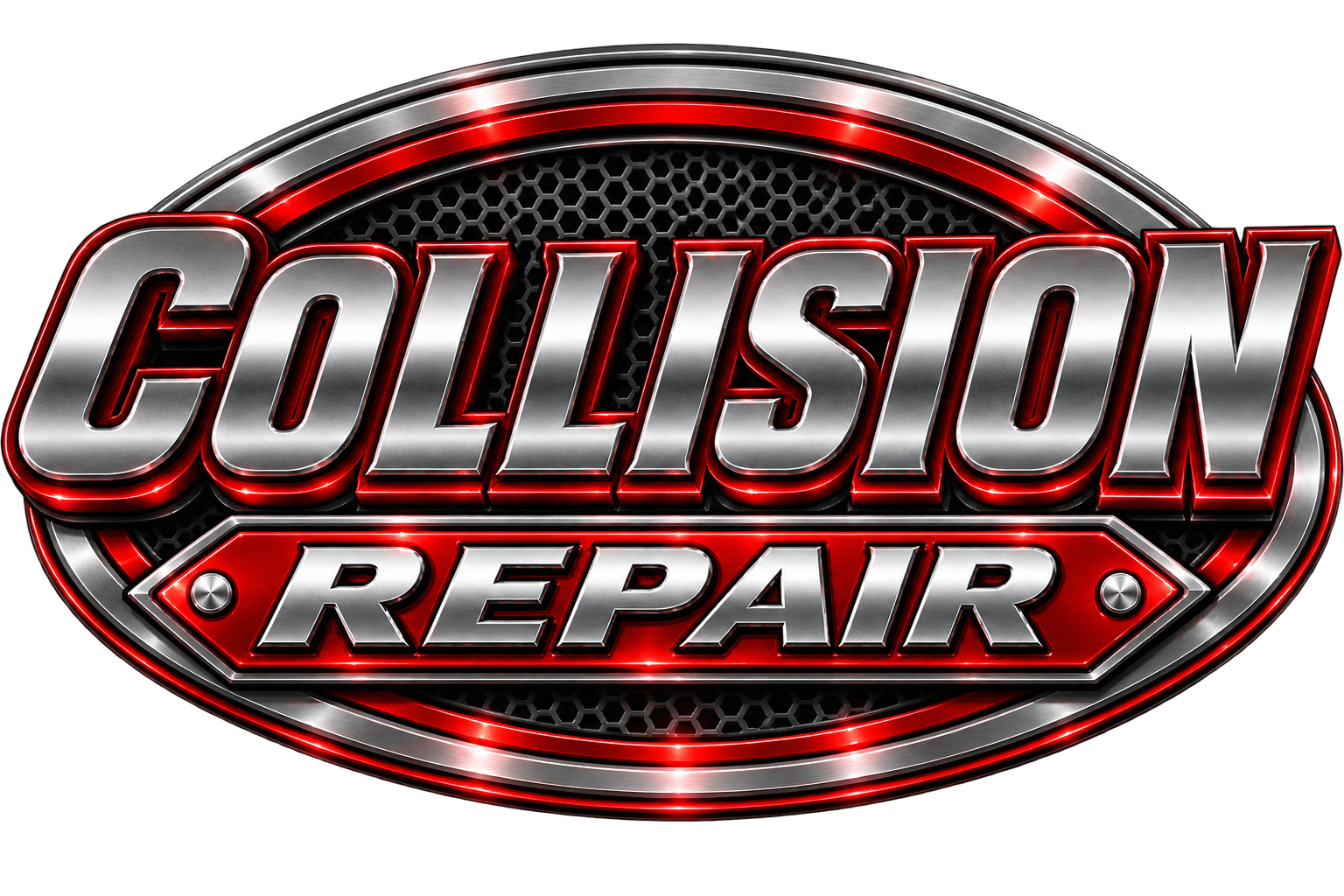 Logo for Collision Repair with metallic and red design elements