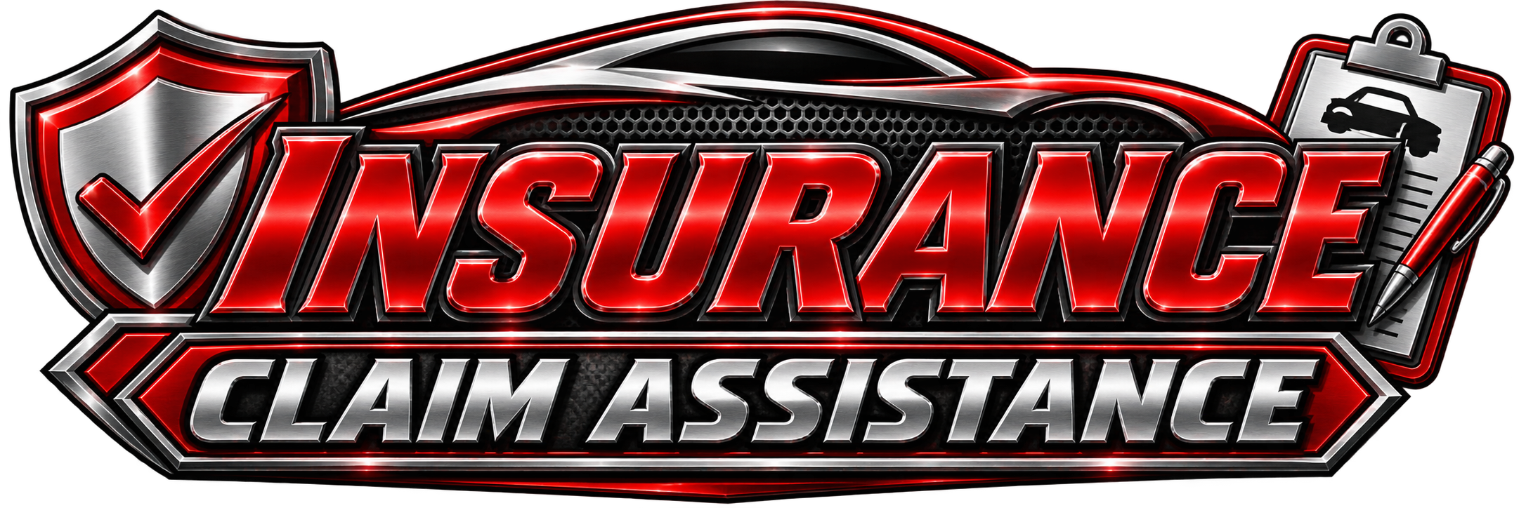A graphic with the words 'Insurance Claim Assistance' in bold, red and silver text, a shield with a checkmark, and a clipboard with a car icon and a pen.
