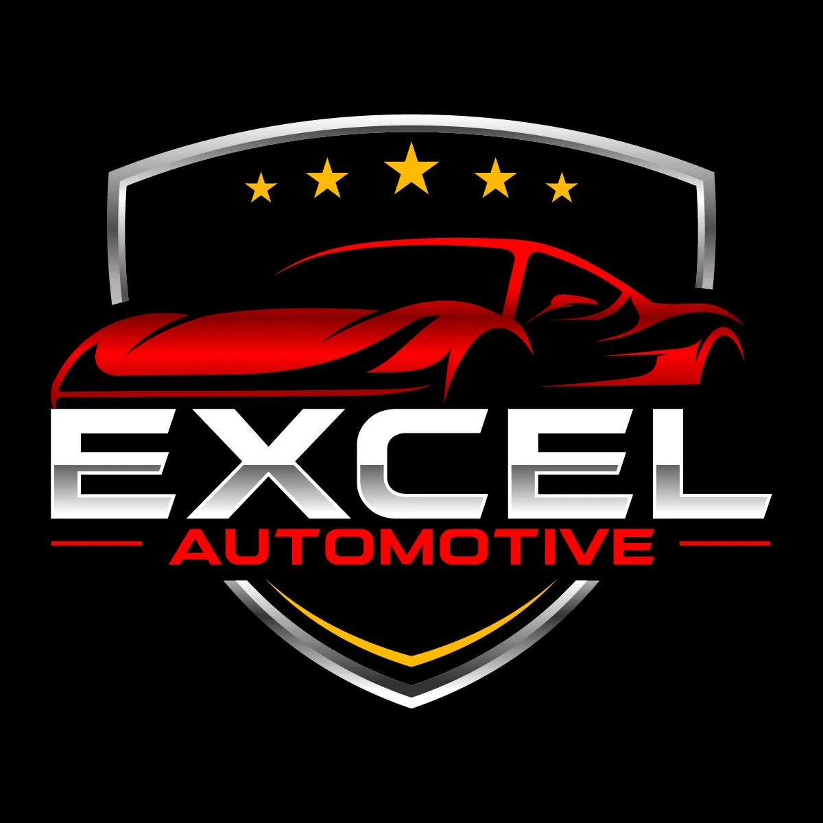 Logo for Excel Automotive featuring a red sports car silhouette, a shield emblem, and five gold stars.