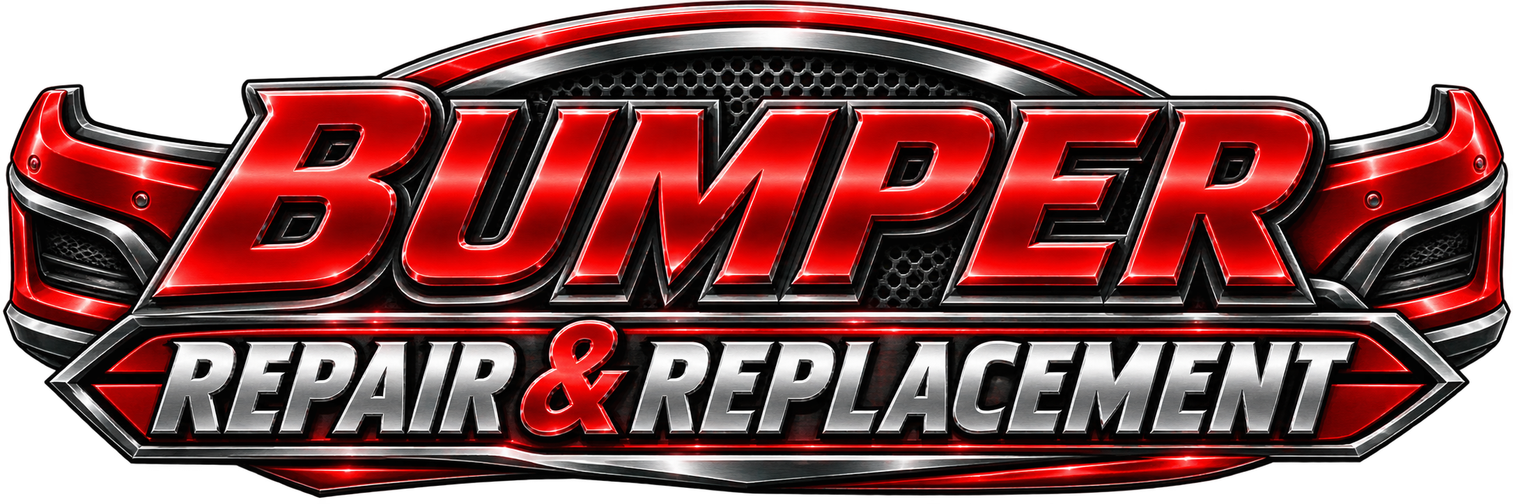 Logo for Bumper Repair & Replacement with bold red and silver metallic text and design elements.
