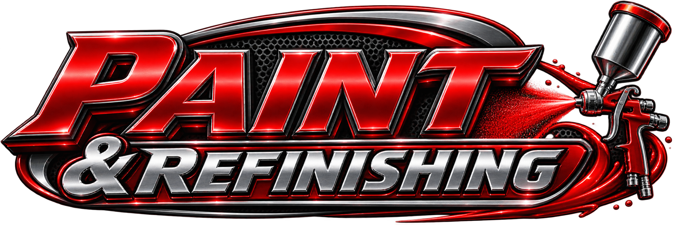 Logo of 'Paint & Refreshing' with red and black text, a spray gun emitting red paint, and metallic design elements.