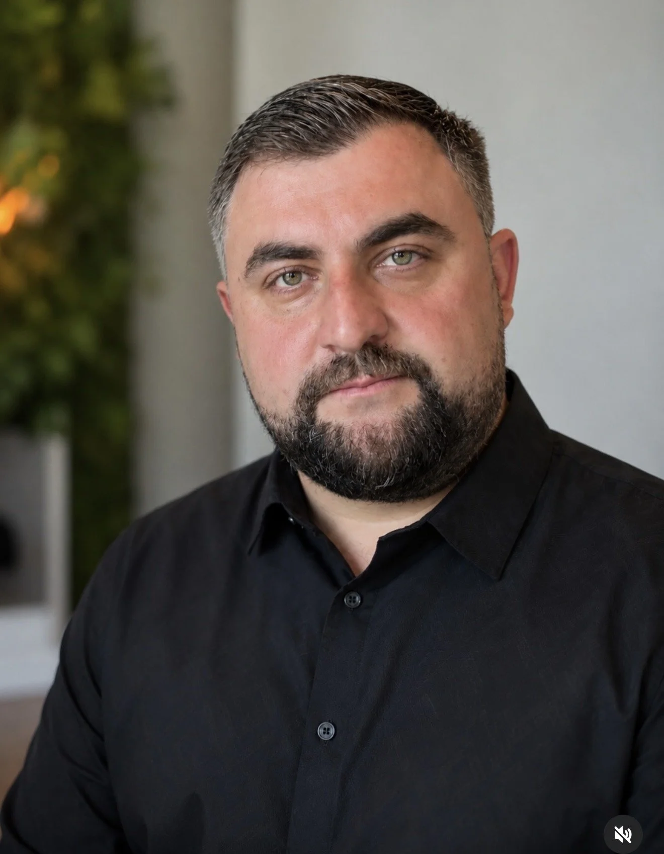 Close-up photo of a serious-looking man with short dark hair, a beard, green eyes, wearing a black shirt, with blurred indoor background and some green plants.