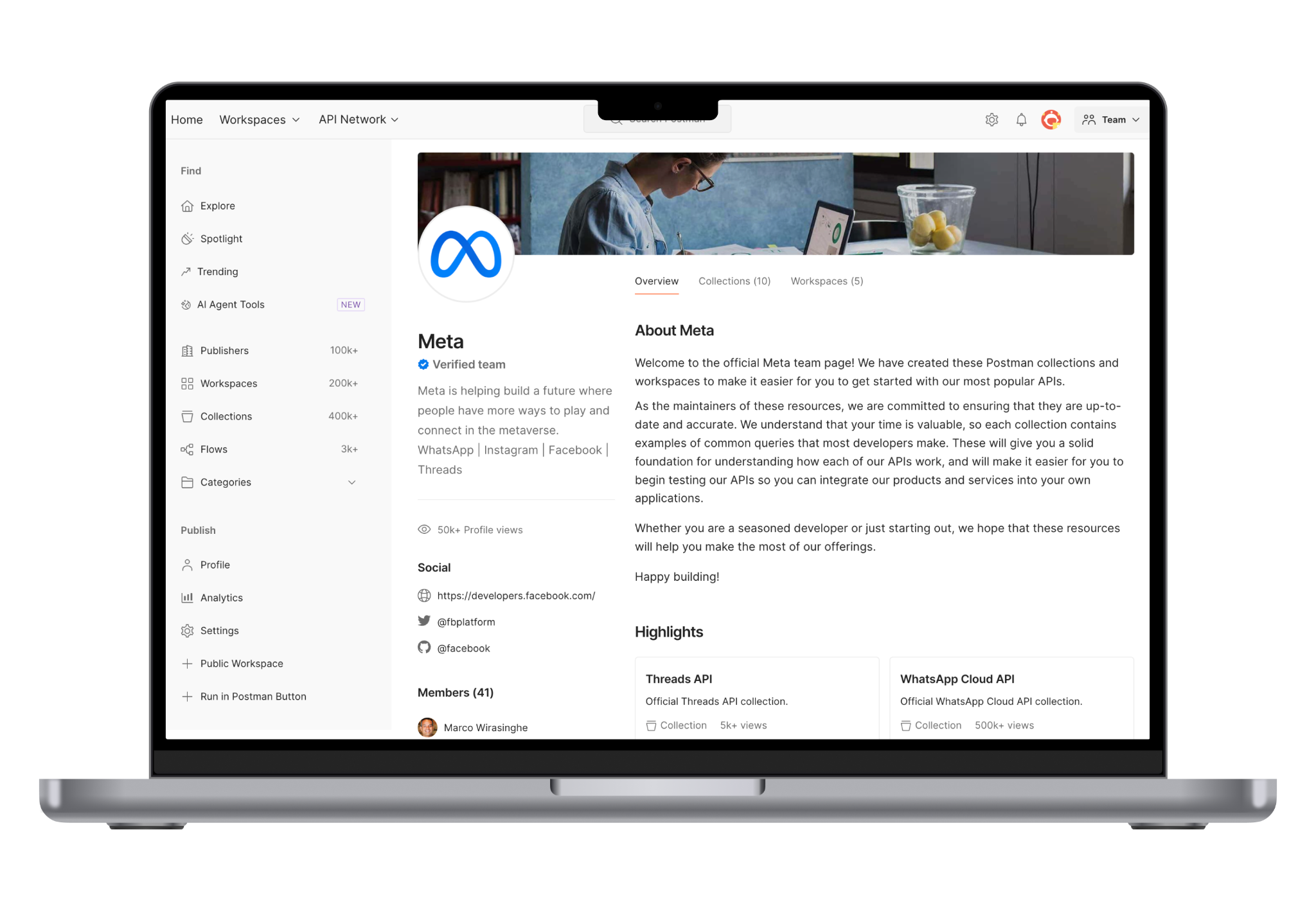 a laptop showing the Meta workspace as published on Postman dot com
