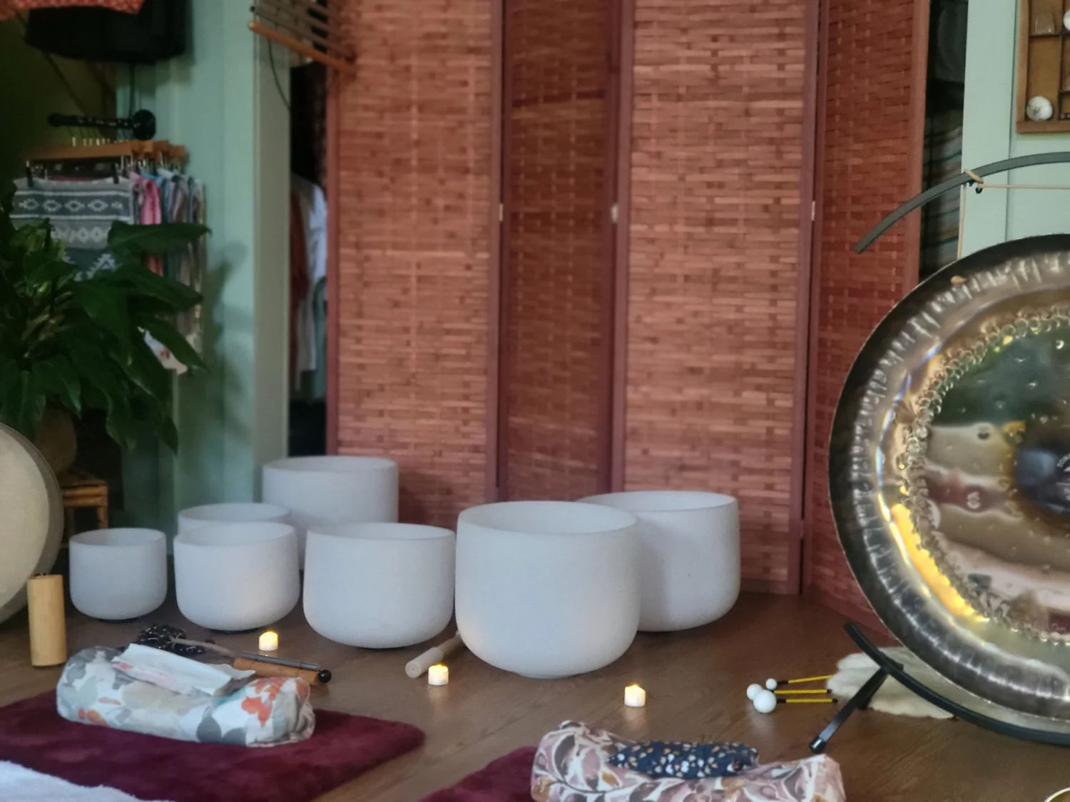 A row of crystal singing bowls