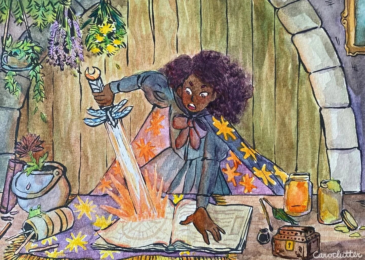 A witch summoning her own sword for #swordtember day 1 ⚔️💥
I really love this year&rsquo;s prompt list, and indulging in the character setting was my favorite here. This is Dianna the novice witch!🔮✨

#swordtember2023 #traditionalart #watercolor #w