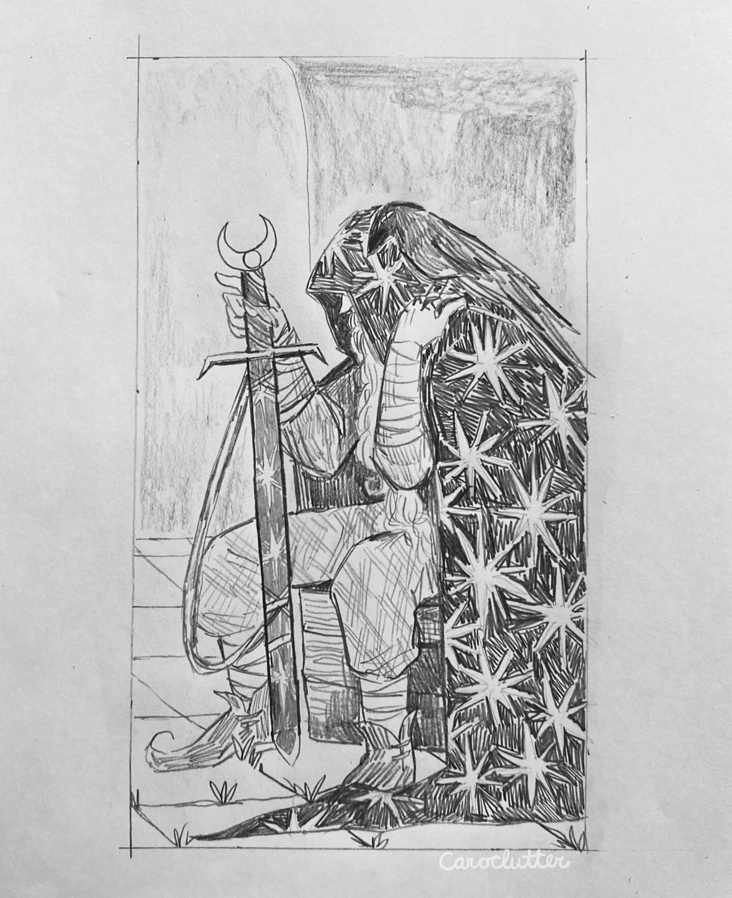 The wizard&rsquo;s sword, and a feathered friend for #swordtember day 2 ⚔️👁️&zwj;🗨️
After trying a few mediums, I liked it best in pencil. I wanted a soothsaying, ominous vibe for my wizard character, but I still love the stars and pointy wizard sh