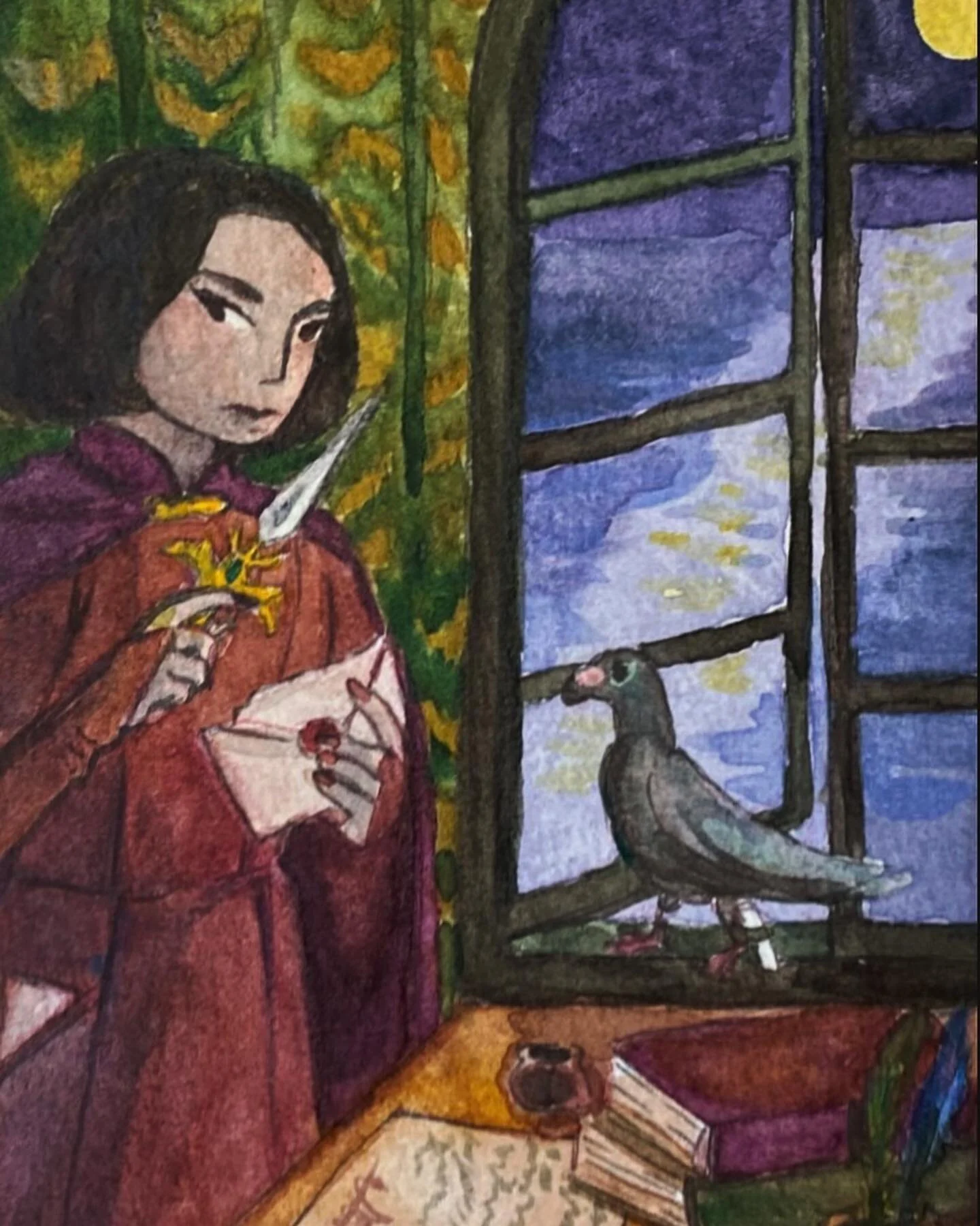 The Spymaster&rsquo;s sword (doubles as a letter opener) for #swordtember day 5..🗡️💌🐦
Swipe for the fill image! The colors on this were tricky, but fun to figure out 🧡

#swordtember2023 #traditionalart #watercolor #fantasyart