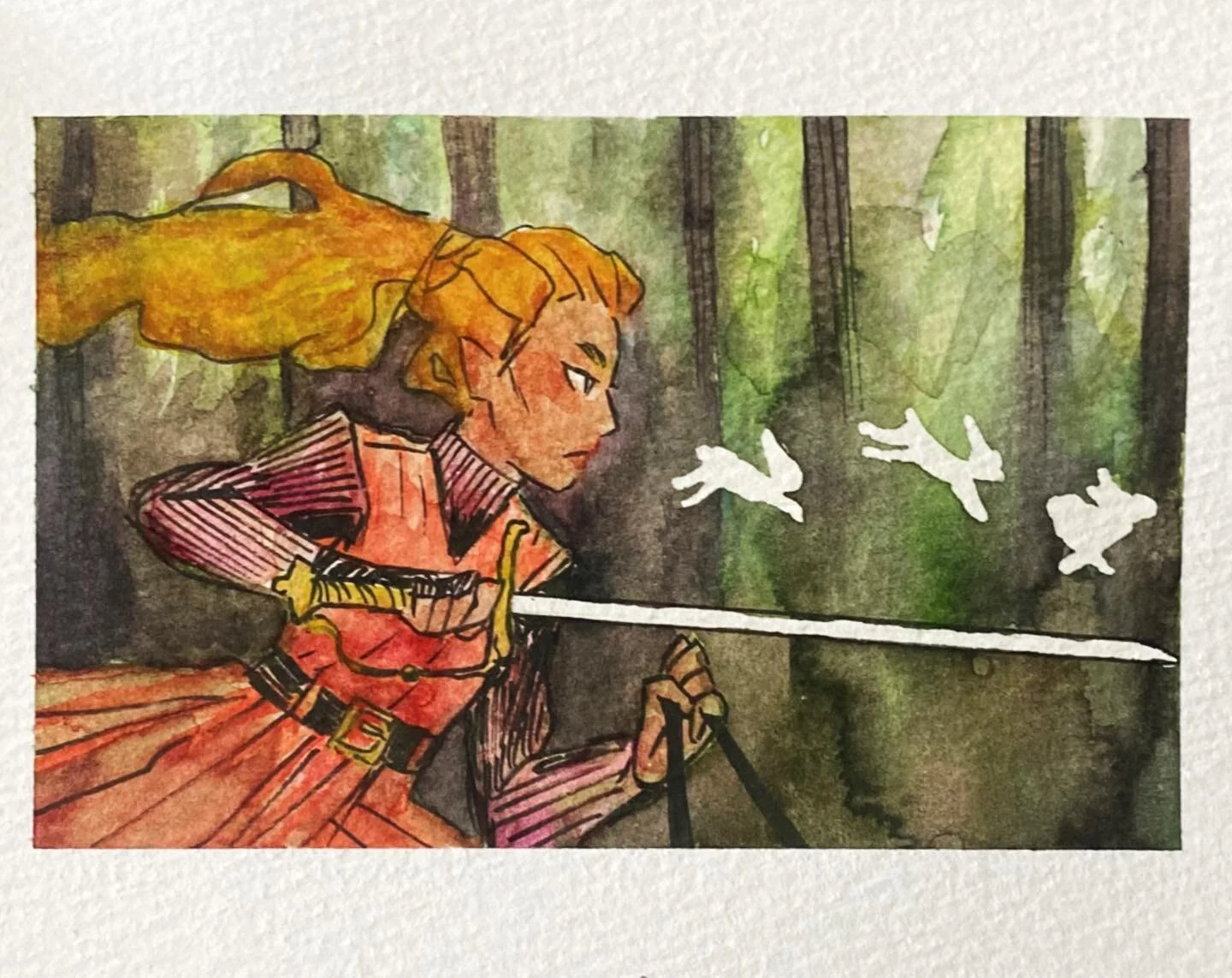 Royal hunt leader for #swordtember 🐇⚔️✨ I&rsquo;m catching up on posting these &mdash; I love having a collection of these little watercolors in my sketchbook!

#swordtember2023 #traditionalart #watercolor #illustration