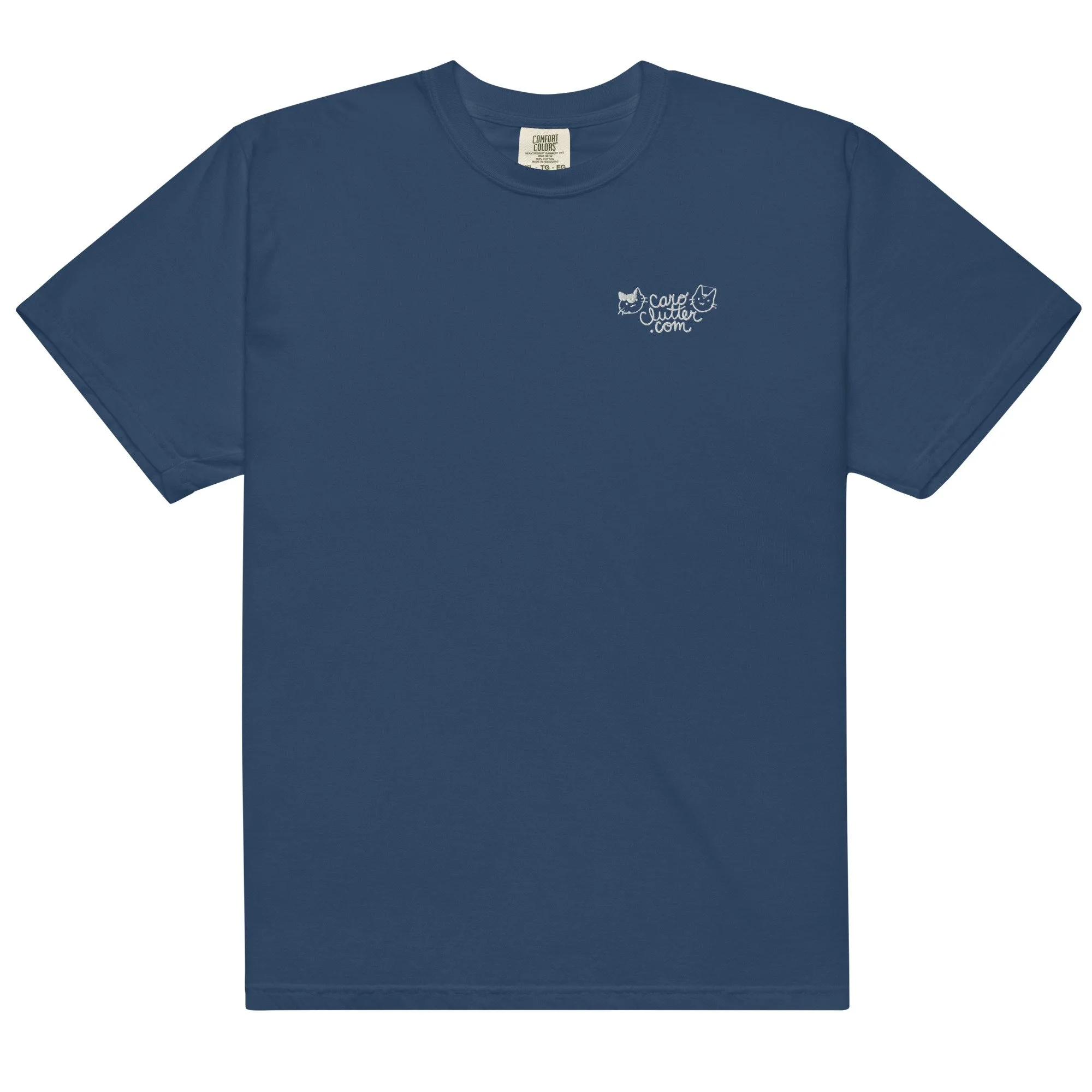 Navy blue shirt with white embroidery on the left breast, reading "caroclutter.com" with two cat faces on either side.
