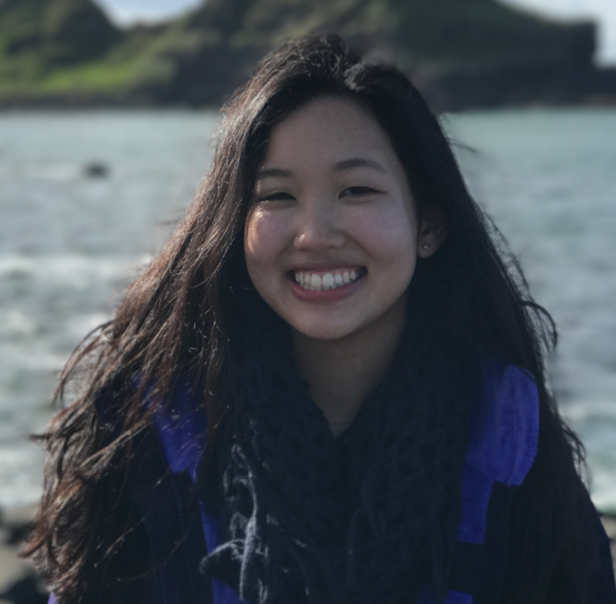 Smiling woman with long dark hair at the beach with water and a distant landmass in the background.