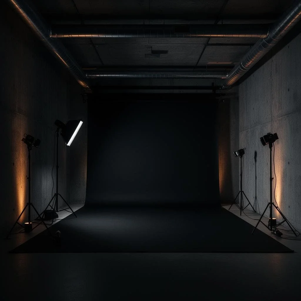 Dark photography studio with black backdrop, four studio lights on tripods, and industrial ceiling pipes.