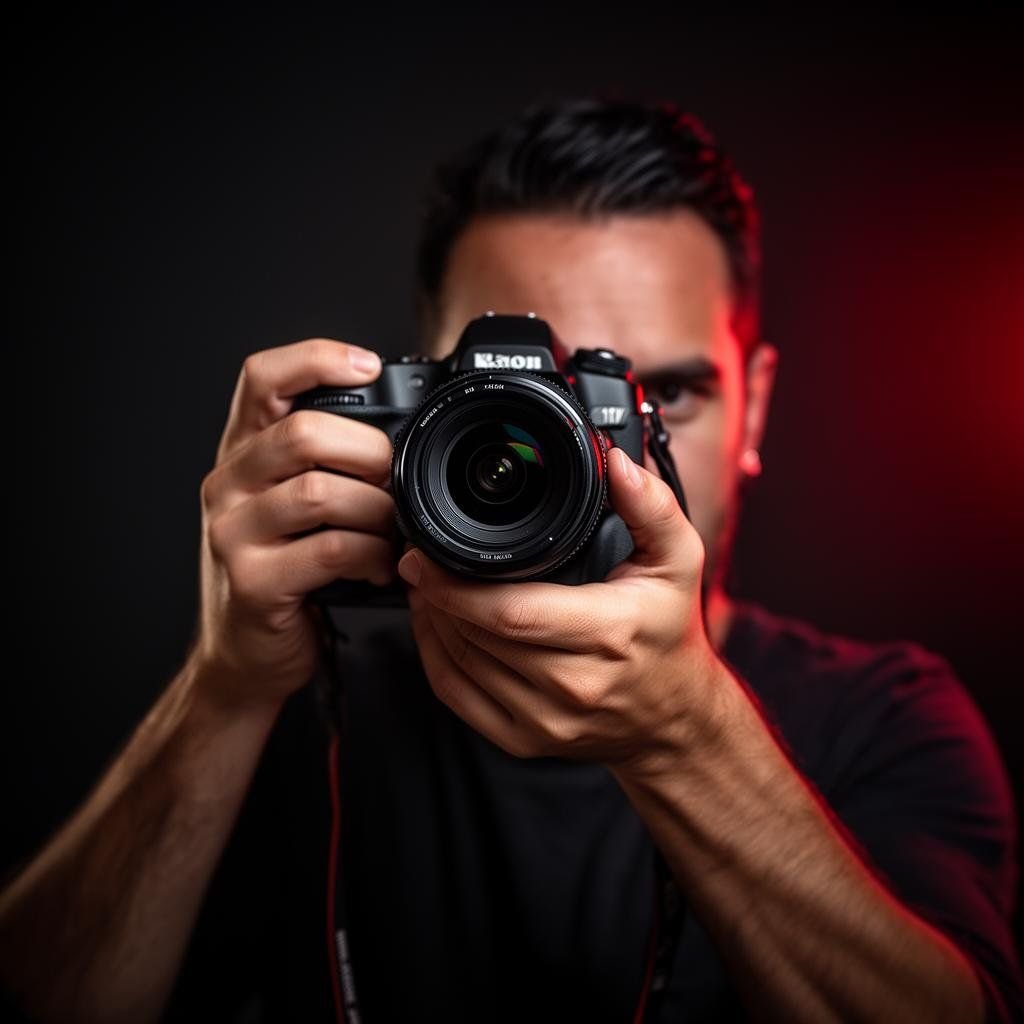 Man holding a professional camera and taking a photo, with dark background and red lighting on the right side.