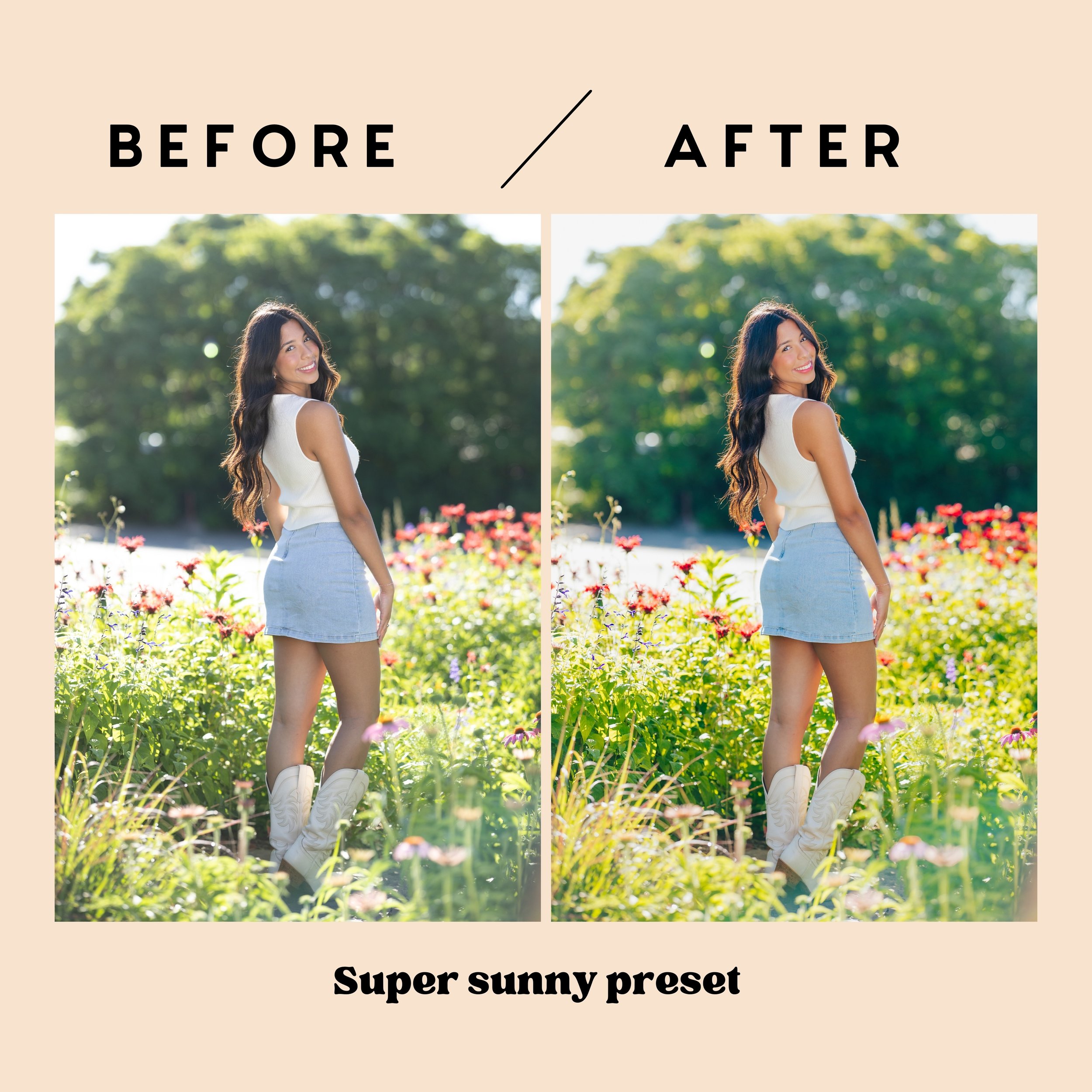 Super Sunny Preset used on a dreamy senior session in a flower field - bright and colorful Lightroom presets