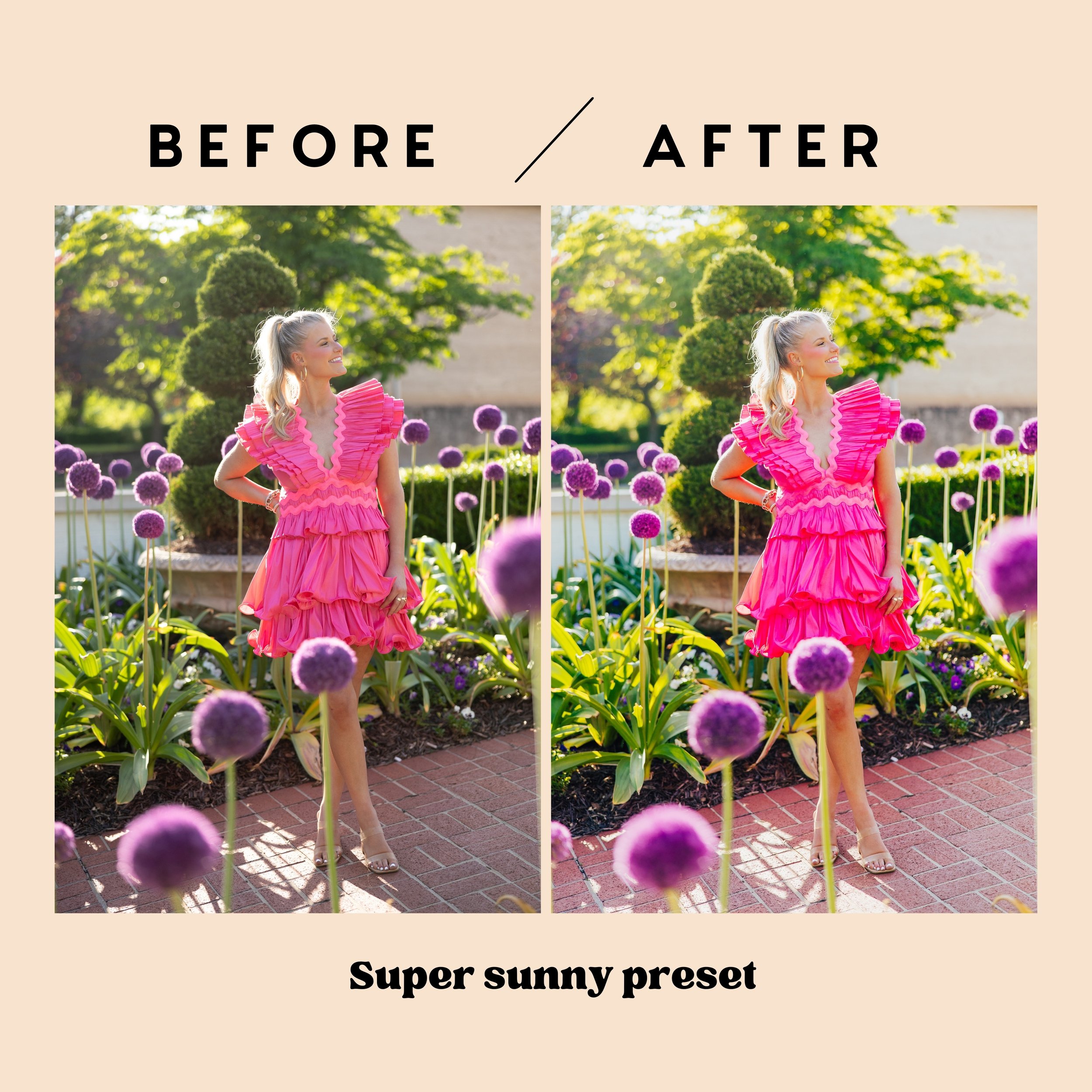 Super Sunny Preset applied to a vibrant floral fashion shoot - bright and colorful Lightroom presets for outdoor portraits