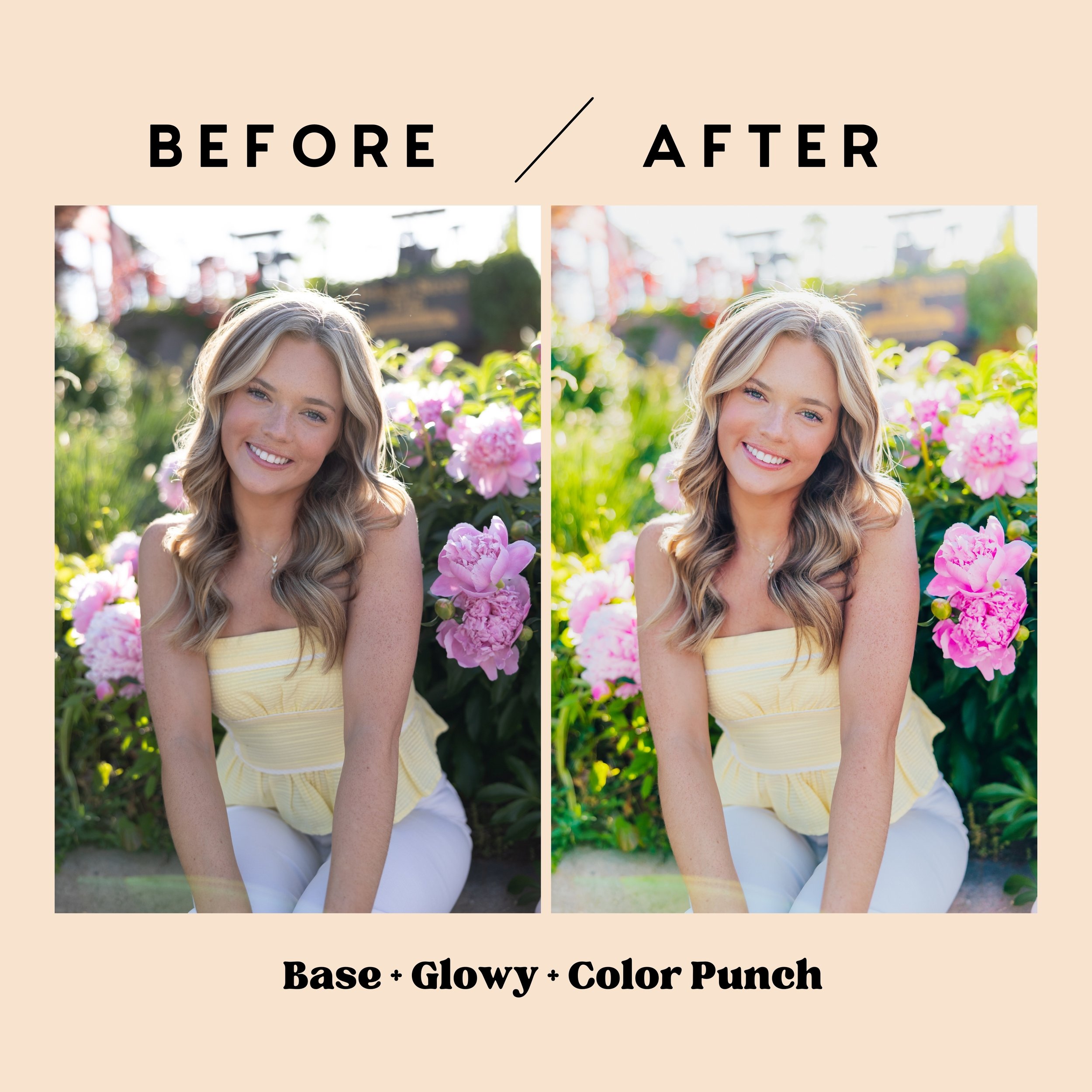 Before and after edit of a smiling senior girl in front of pink hydrangeas, enhanced with Base Preset, Glowy, and Color Punch for a radiant, cheerful look.