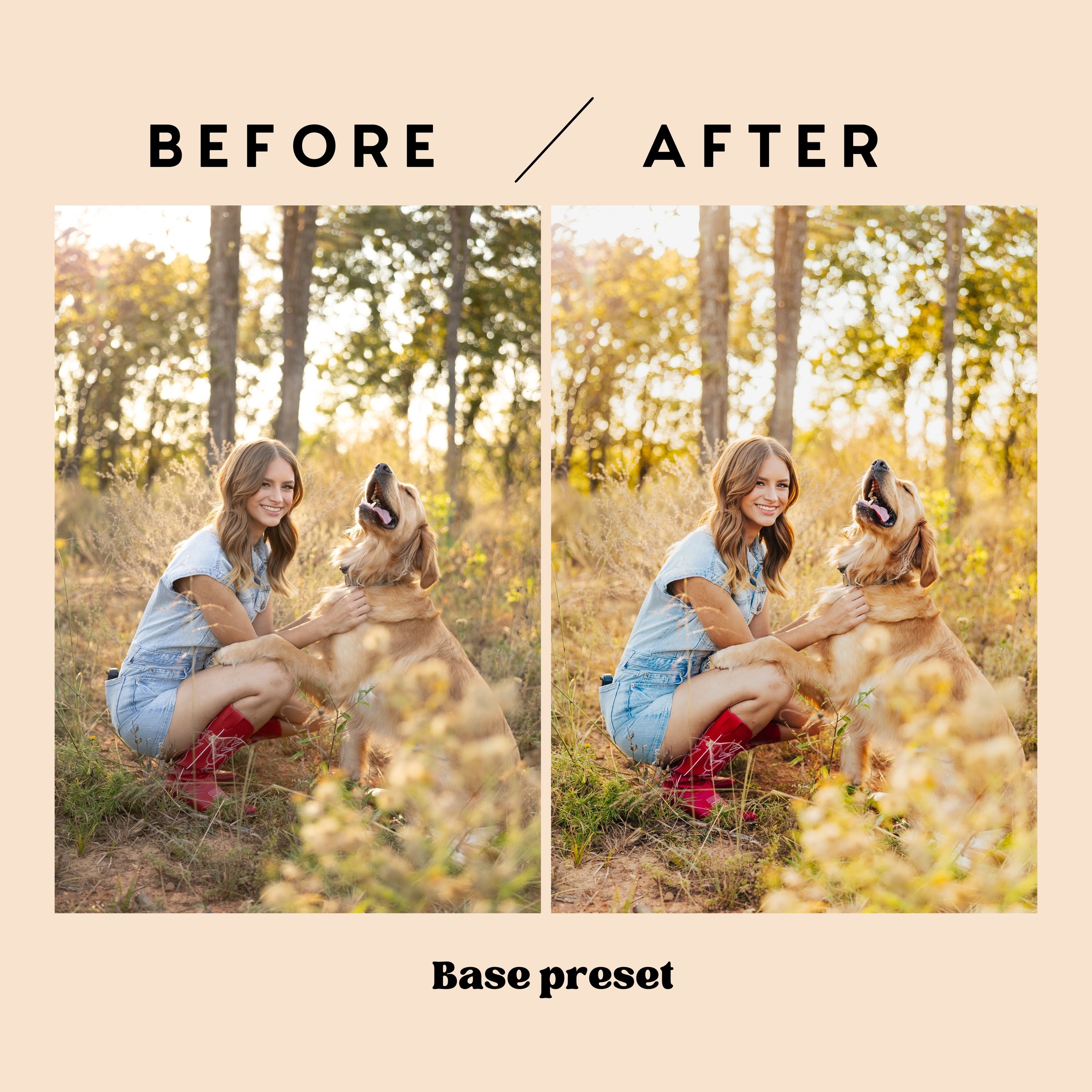 Golden-hour senior photography before and after using Happy Camper Base Preset - warm and natural edit