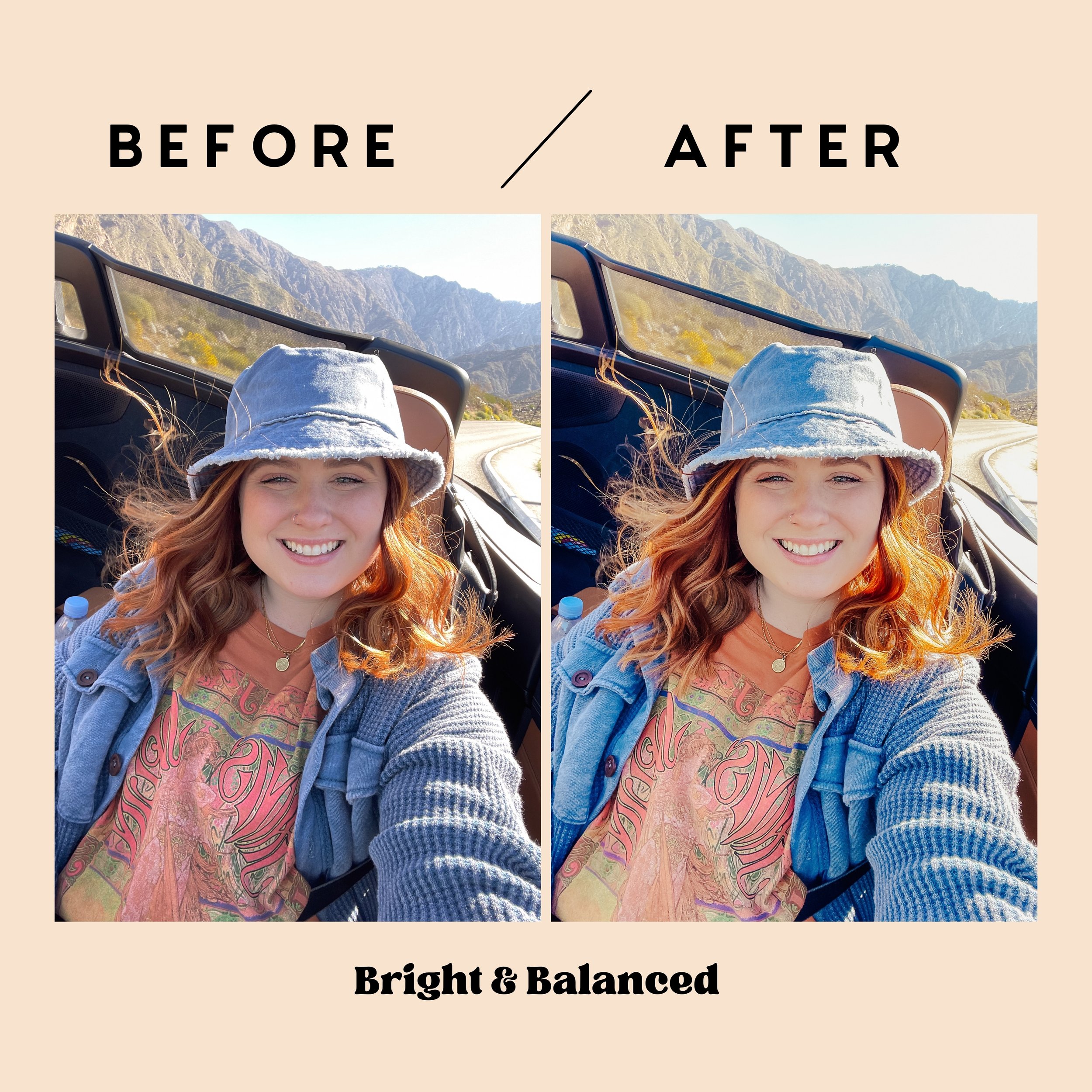 Before and after using Bright & Balanced Preset on a golden-hour portrait - bright and warm mobile Lightroom preset