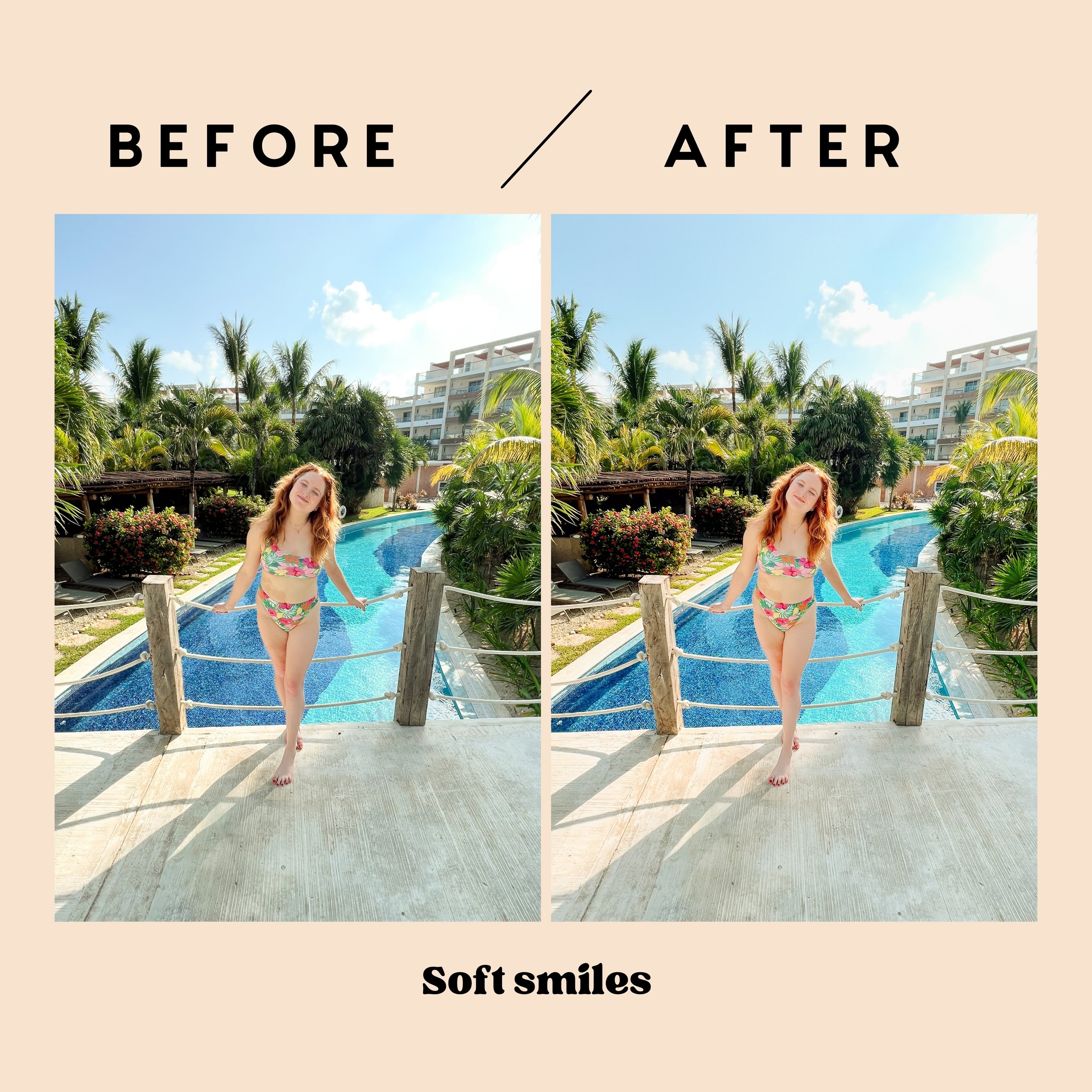 Soft Smiles Preset applied to a poolside summer portrait - bright and vibrant Lightroom preset for mobile photography