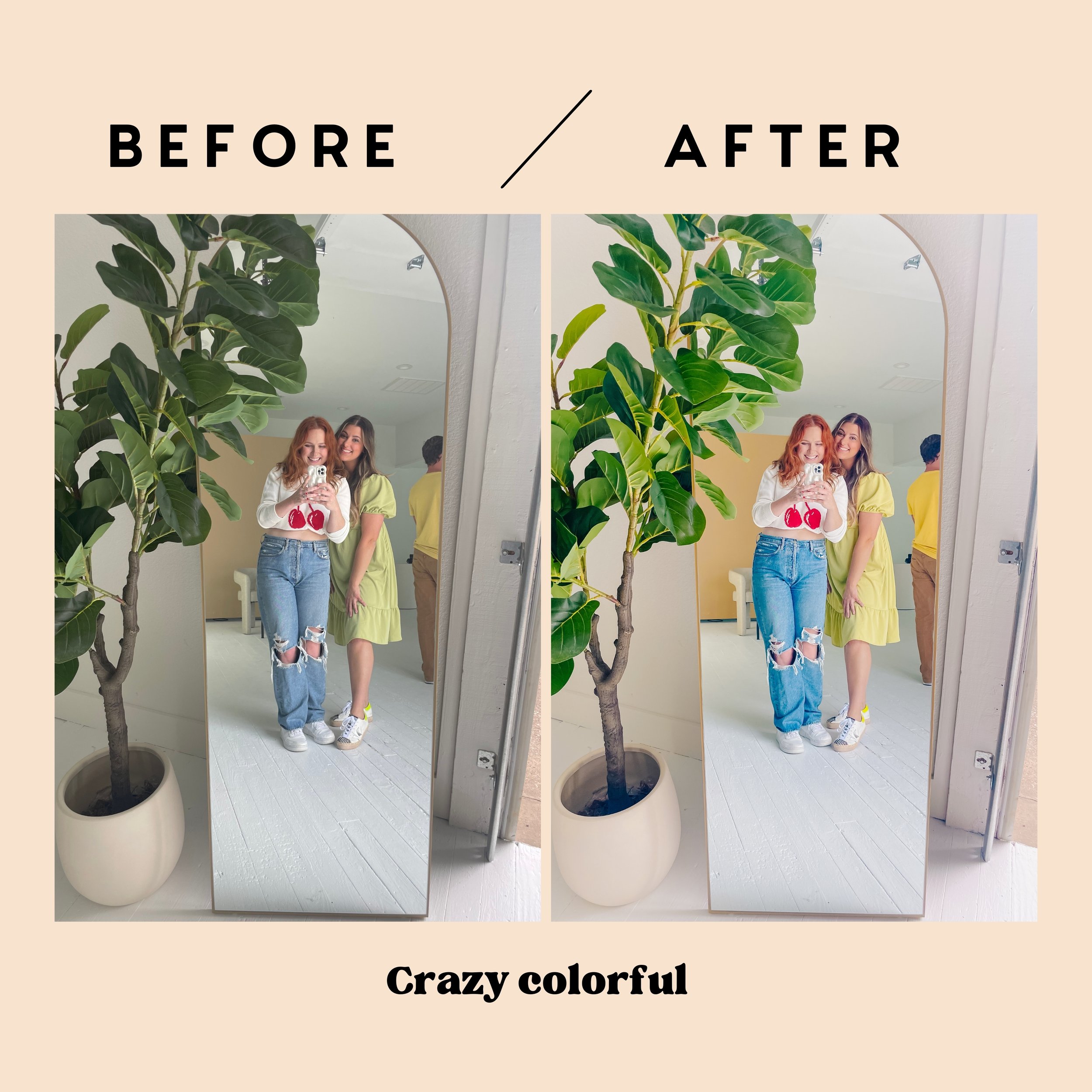 Before and after using Crazy Colorful Preset on an indoor lifestyle photo - vibrant and bold mobile Lightroom preset