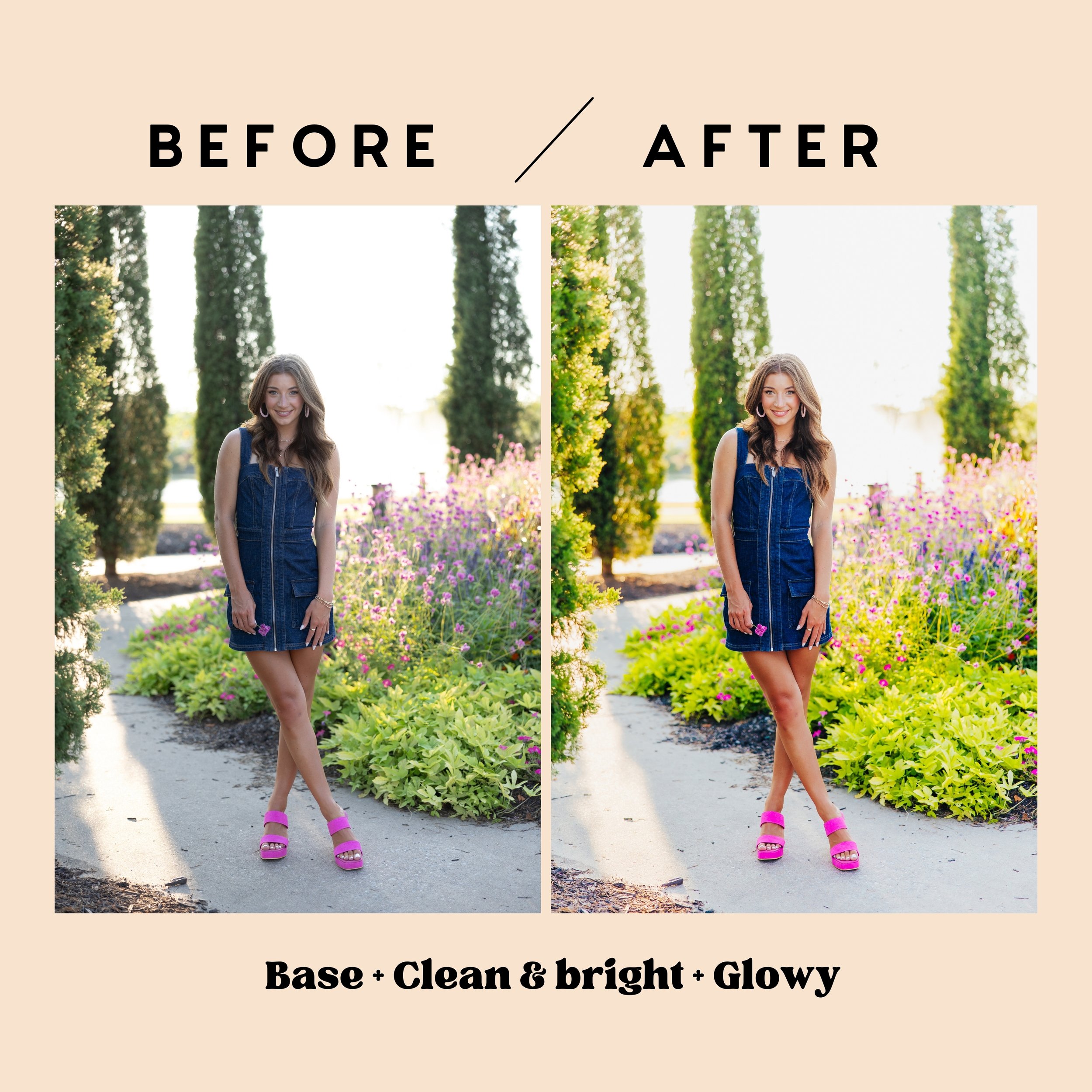 Before and after comparison of a senior girl in a denim outfit using the Base Preset and Glowy Background Enhancer in Lightroom for a soft, warm look.