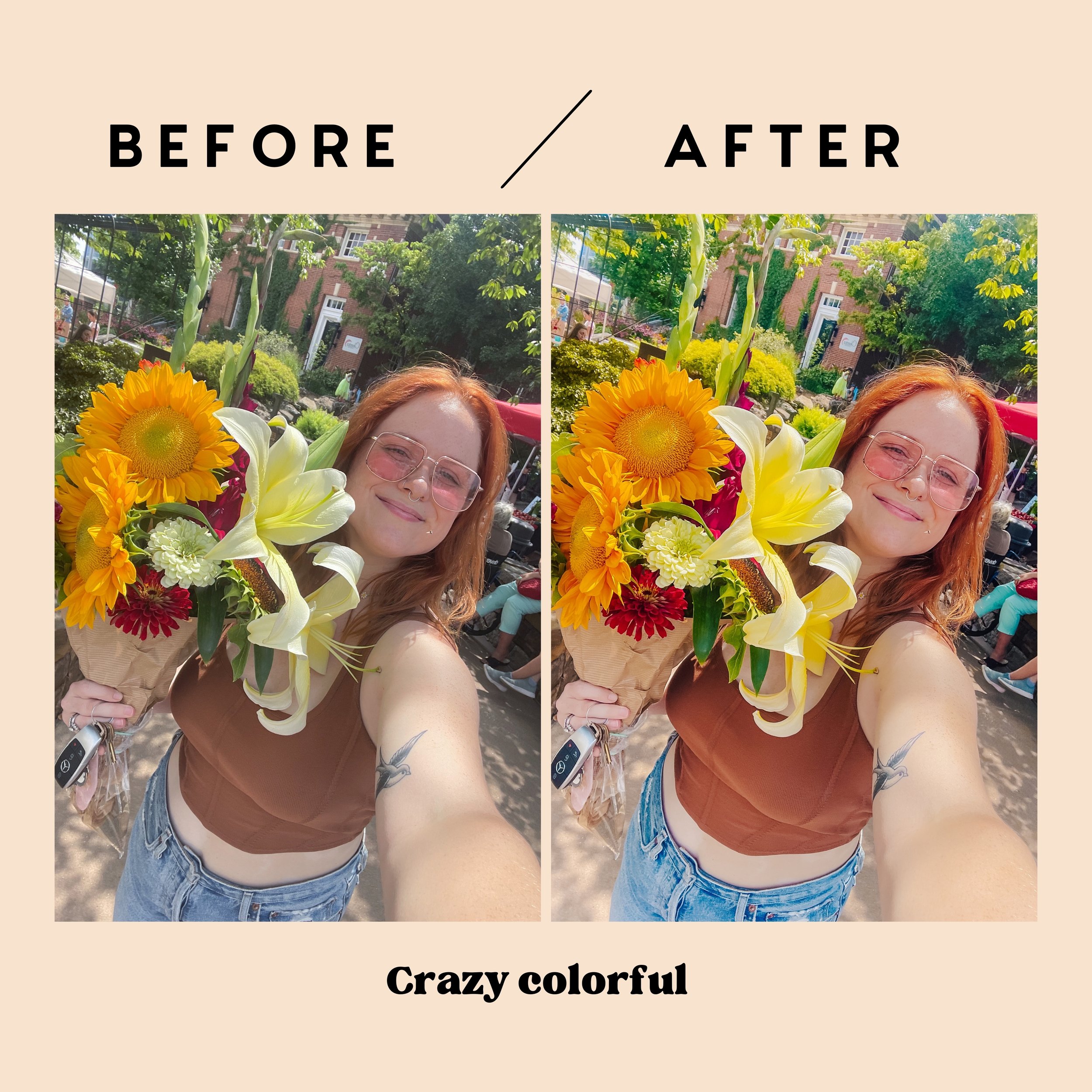 Crazy Colorful Preset applied to a sunflower selfie - bold and fun Lightroom preset for mobile photography