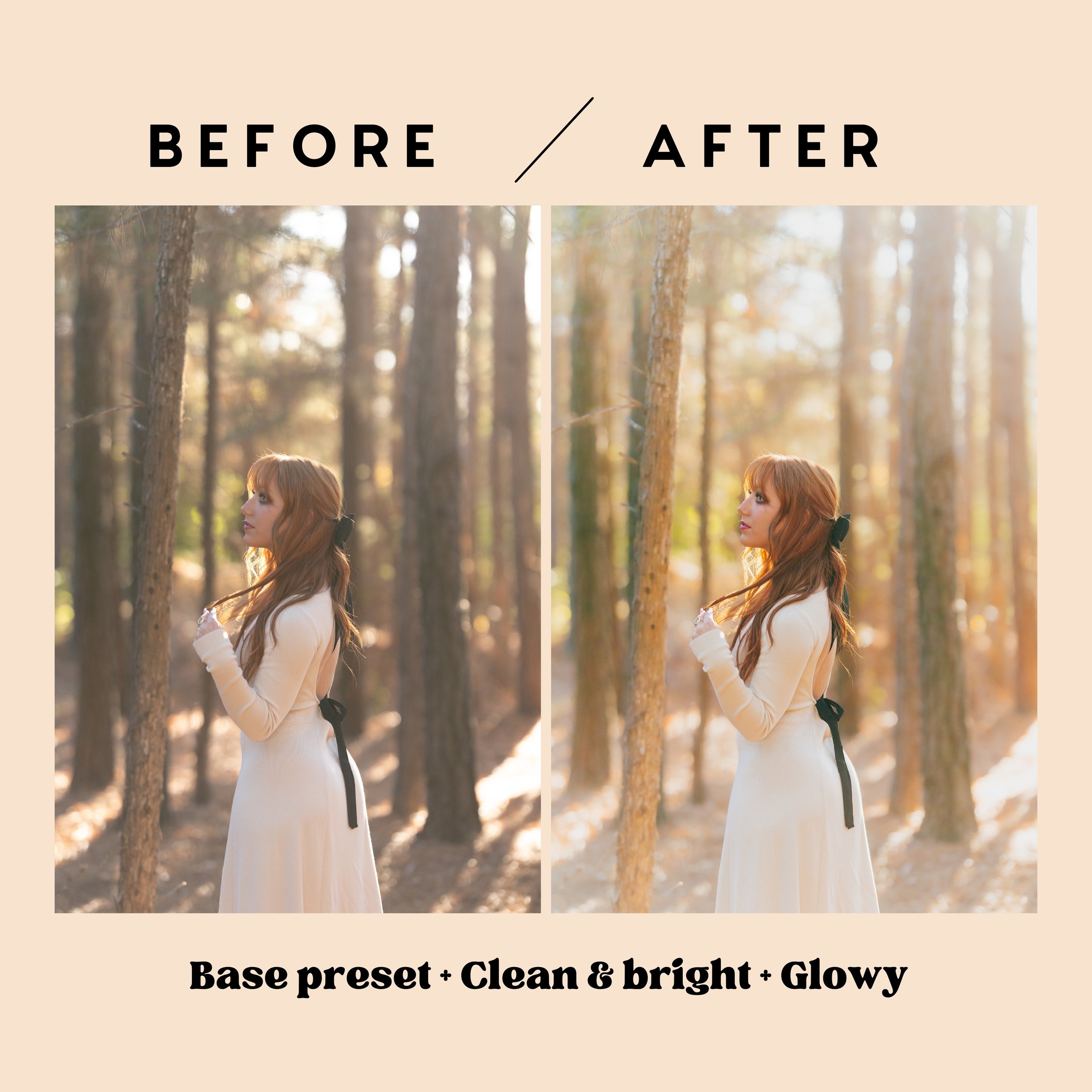 Before and after edit of a senior girl in a white dress standing in a sunlit forest, enhanced with the Base Preset, Clean & Bright Modifier, and Glowy Background Enhancer for a warm, ethereal glow.