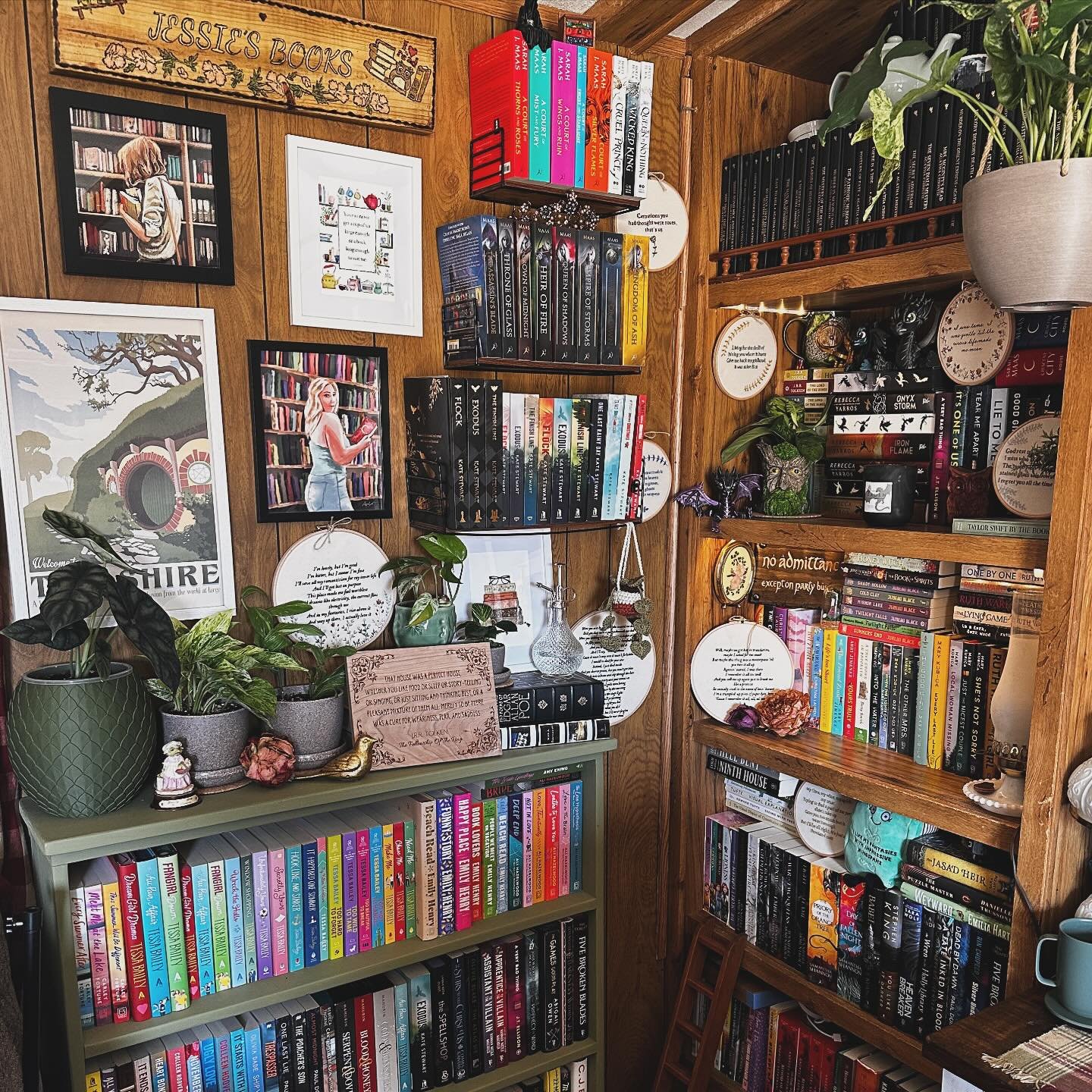 I love to support small businesses, local businesses, and indie bookstores! Some shoutouts:

My plants are from: @botanigal 
Most of my books are from: @rudolphgirlsbooks 
My cross-stitch collection is from: @ellaphillipsembroidery 
My dragons are fr