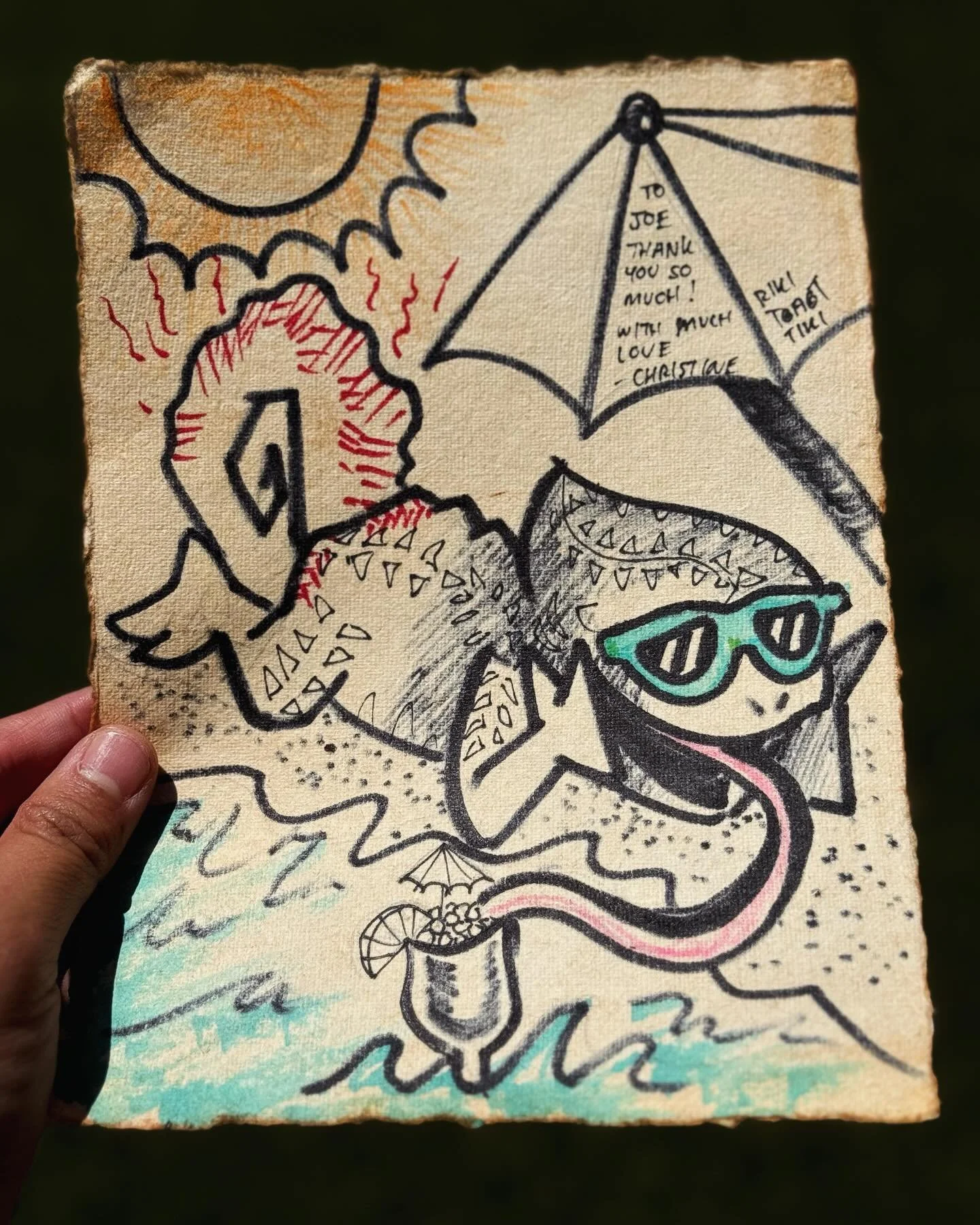 Cute drawings that went out with special Joes this recent drop! 

Poor Turquoise Sunglass Joe not realizing that his tushy is getting sun burned and his Hurricane is being swept away! 🏖️🍹

In &amp; Out Joe drawn on and In &amp; Out hat! 🍔

Lastly 