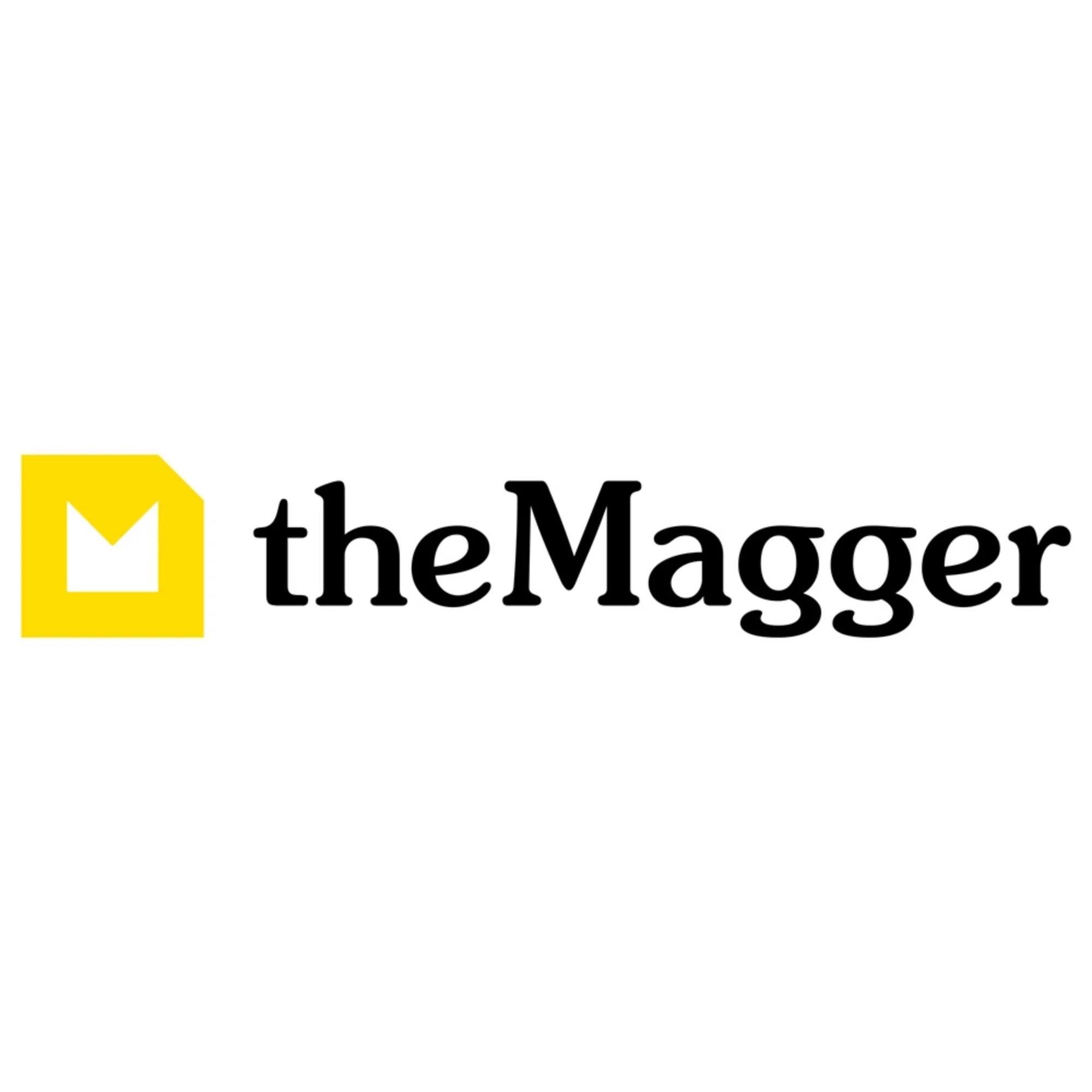 The logo of the company 'theMagger' features a yellow square with a white mild at the top left corner and a black letter M inside. The text 'theMagger' is written in black, with the 'M' matching the M in the logo.