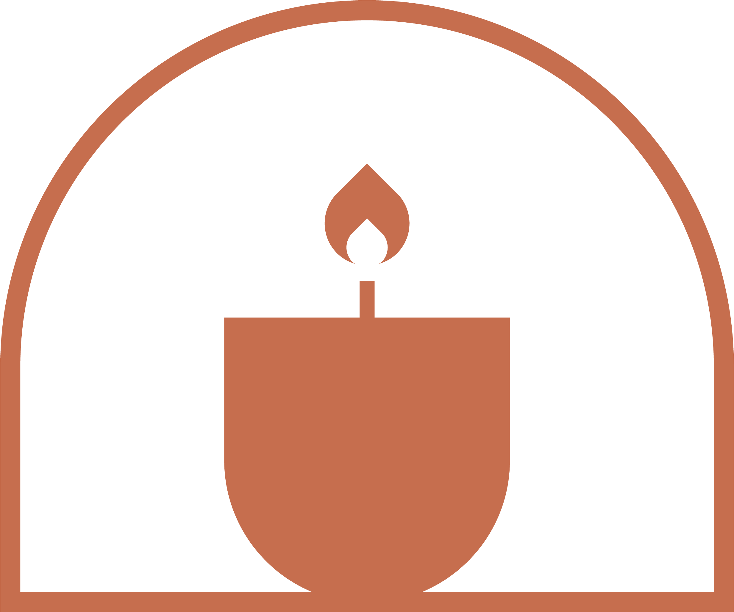 A stylized illustration of a candle with a flame inside a semi-circular frame.