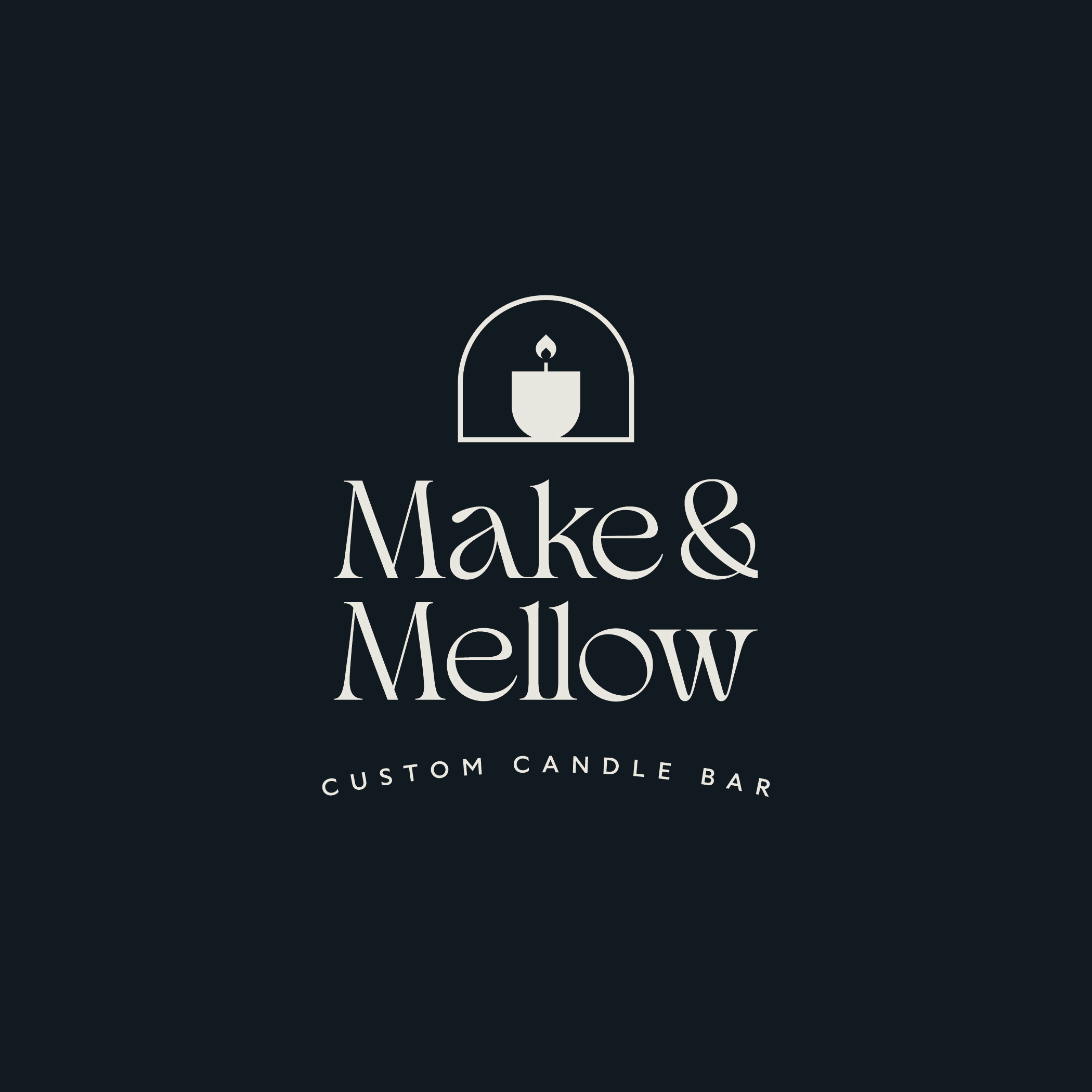 Logo for Make & Mellow Custom Candle Bar featuring a candle icon with a flame inside an arched frame.
