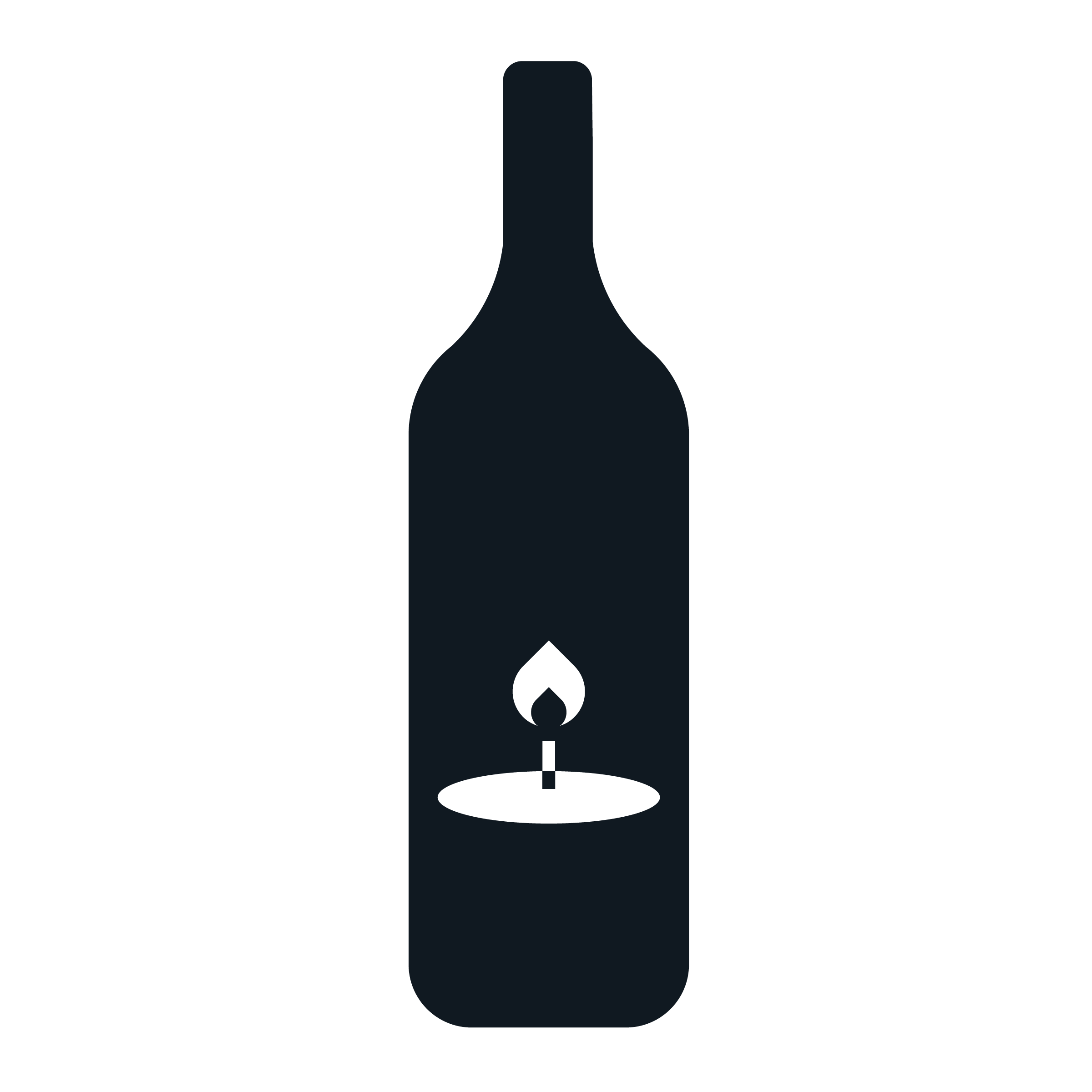 Silhouette of a candle inside a wine bottle with a flame.