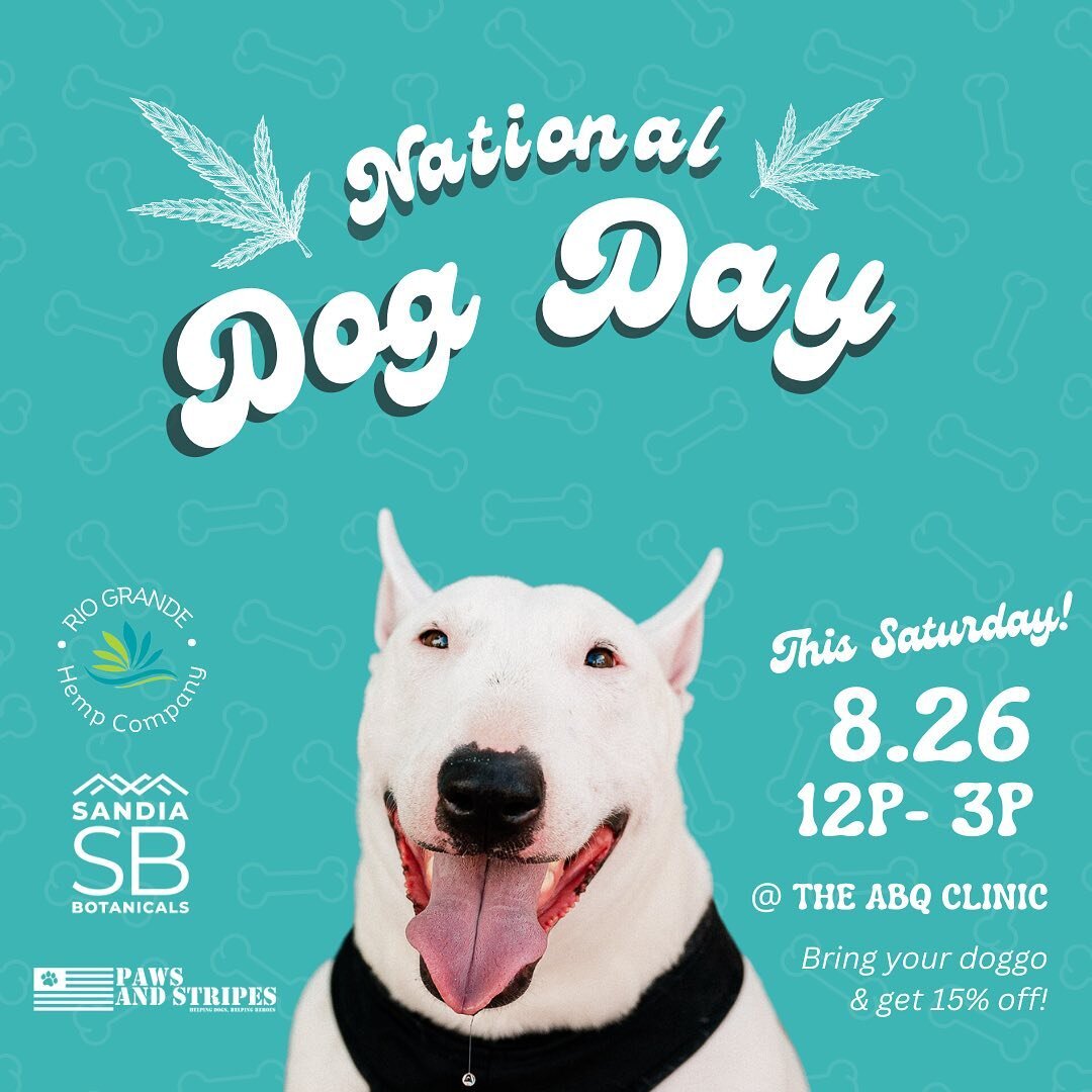 Woof woof! The true dog days of summer have arrived!

📅 This Saturday, we&rsquo;re making tails wag for International Dog Day at SB! Come celebrate with us!

⏰ Time: 12-3pm
📍 Location: ABQ clinic

Catch @riograndehempcompany and @thepawsandstripes!