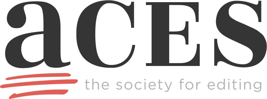 Logo for ACES: lowercase aces in black font with three red lines under the "a" and text "the society for editing" in gray font  below "ces"