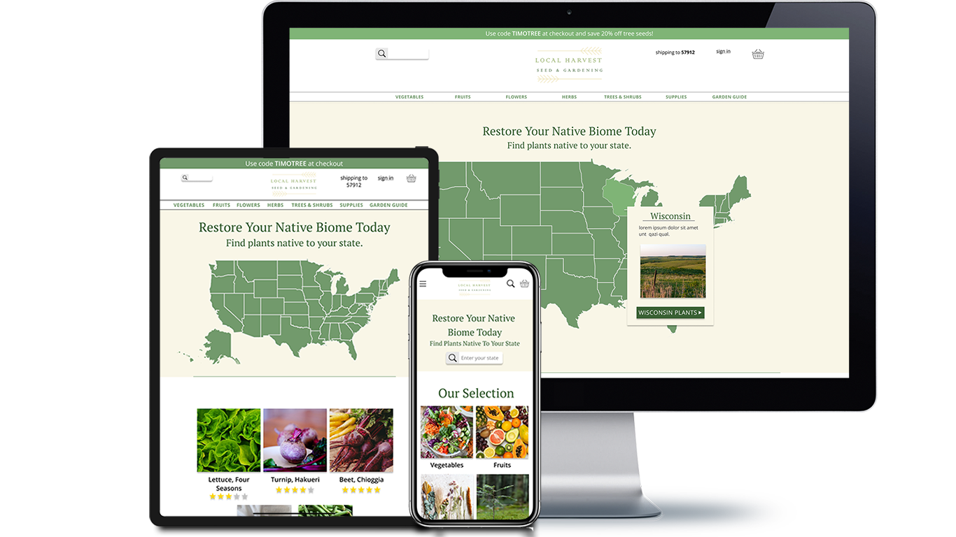 Image of the Local Harvest site design on mobile, tablet, and desktop.
