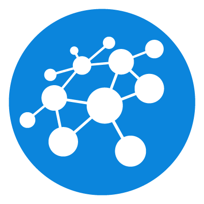 Illustration of a network or molecular structure with interconnected white circles on a blue background.