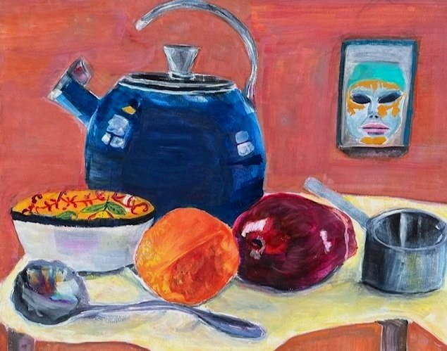 Masking After Breakfast - gouache on panel - 11 x 14"