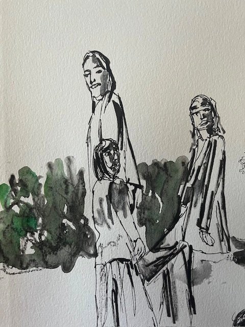 Three Muses - ink and watercolor