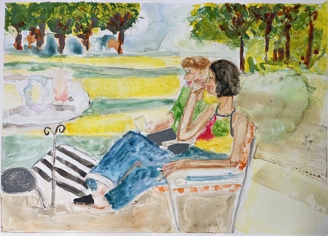 Nola & Pat - mixed media on YUPO paper - 9 x 12"