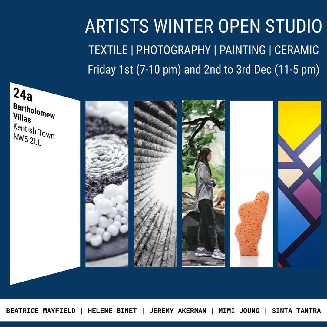 This weekend is a busy one.
I&rsquo;ll be taking part in our Winter open studios. Friday 1 December 7 &ndash; 10pm, Saturday 2 &amp; Sunday 3 December 11am &ndash; 5pm

24a
Bartholomew Villas
Kentish Town
NW52LL

Come and visit us in our small, but v
