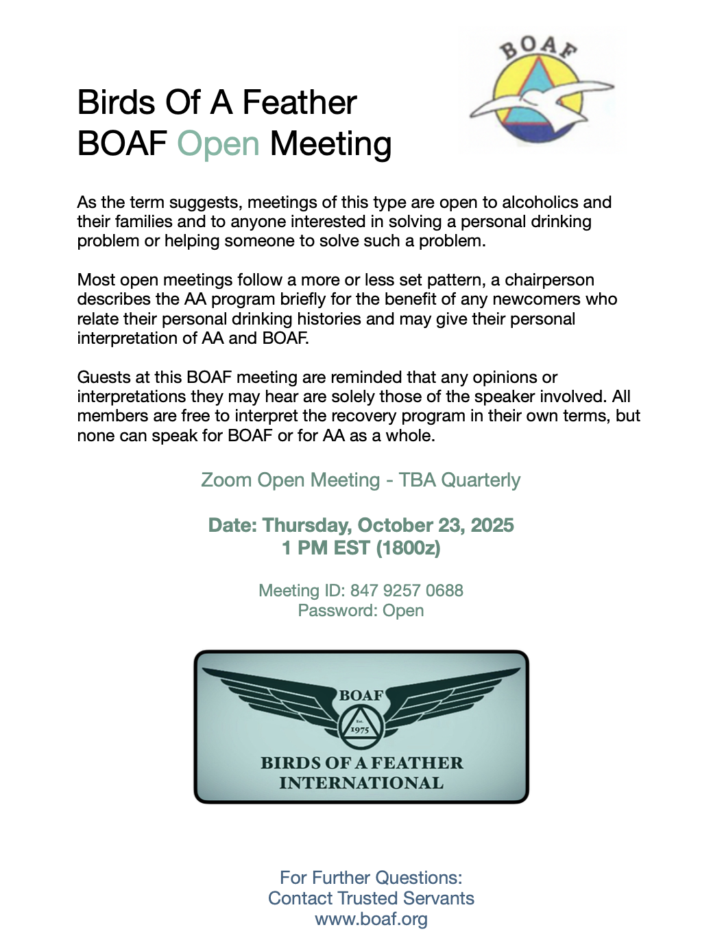 BOAF Open Zoom Meeting