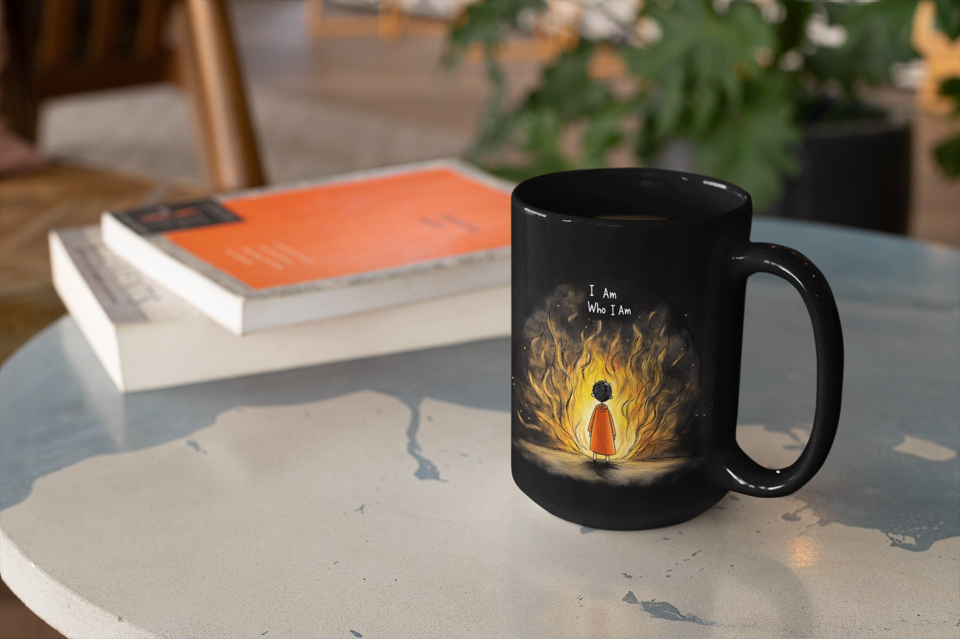 A Christian coffee cup next to books, featuring Moses at the burning bush and the words 'I Am Who I Am'. A perfect religious mug for study and reflection..jpg